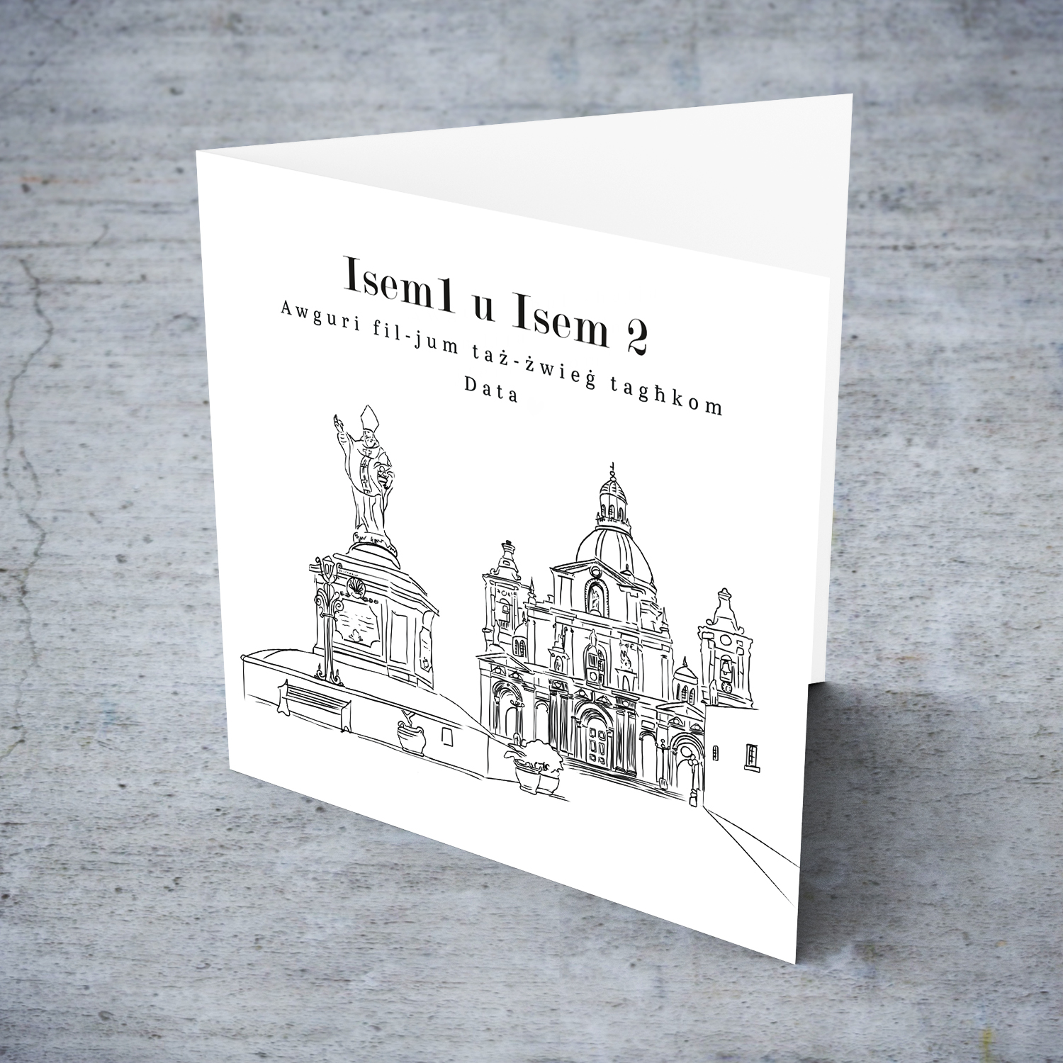 Siggiewi Parish Church line art wedding card in a white background and black text in Maltese (Personalisable)