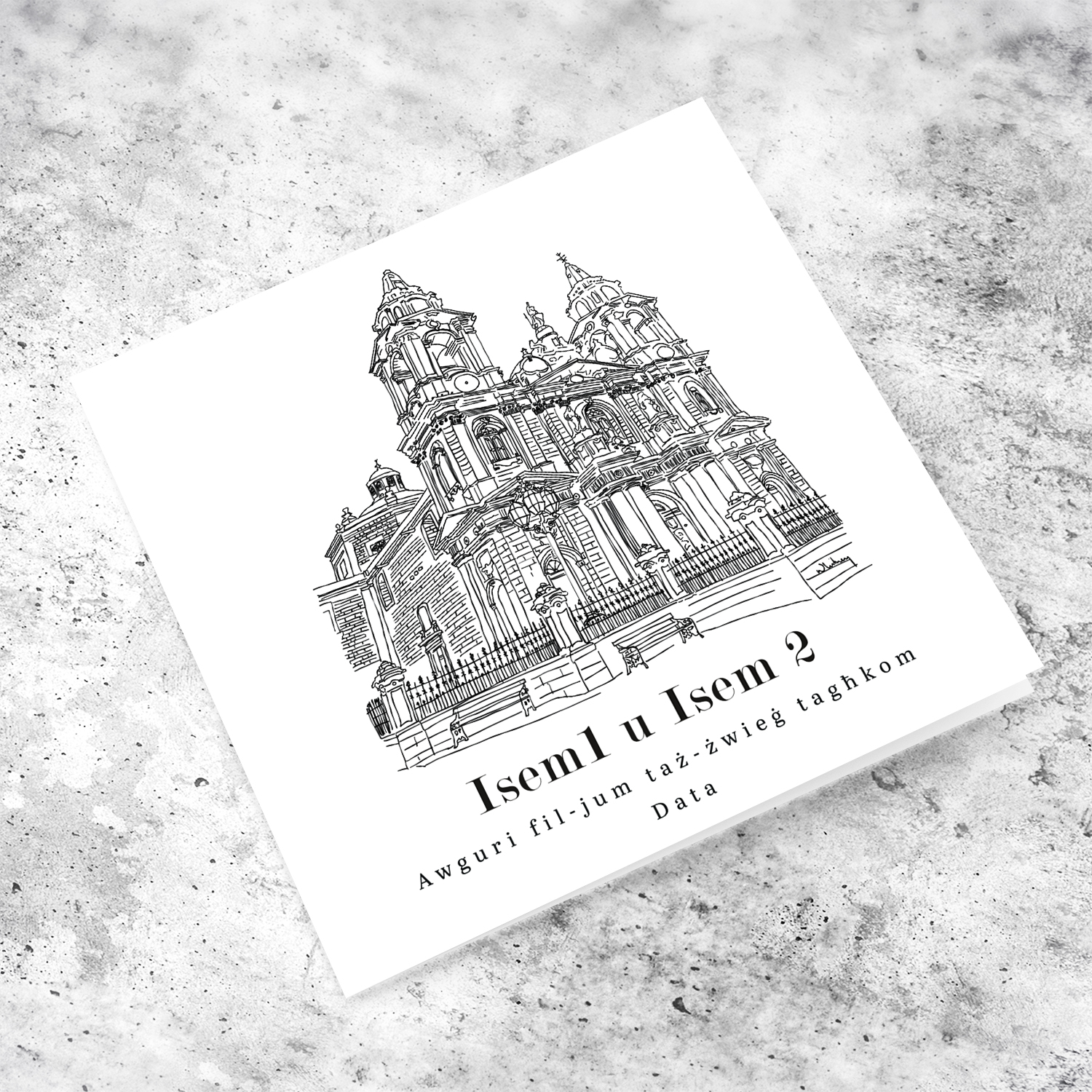 Gudja Parish Church line art wedding card in a white background and black text in Maltese (Personalisable)