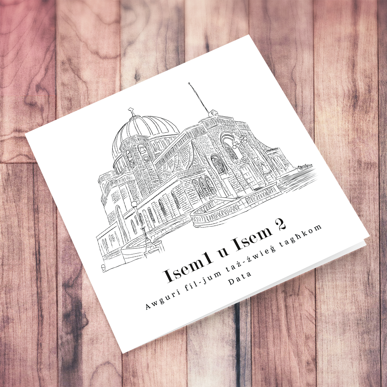 Ħal Qormi San Bastjan Church line art wedding card in a white background and black text in Maltese (Personalisable)