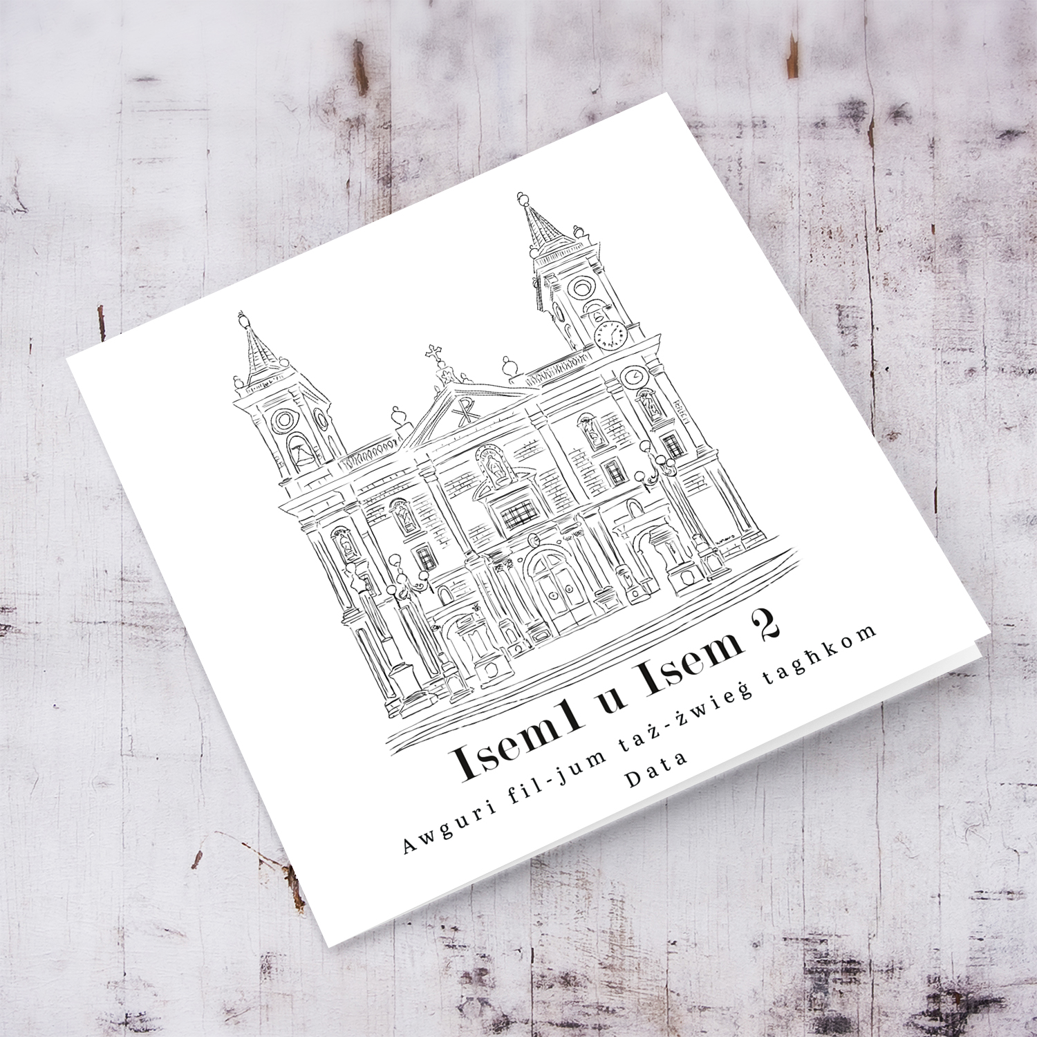 Ħal Qormi San Ġorġ Church line art wedding card in a white background and black text in Maltese (Personalisable)