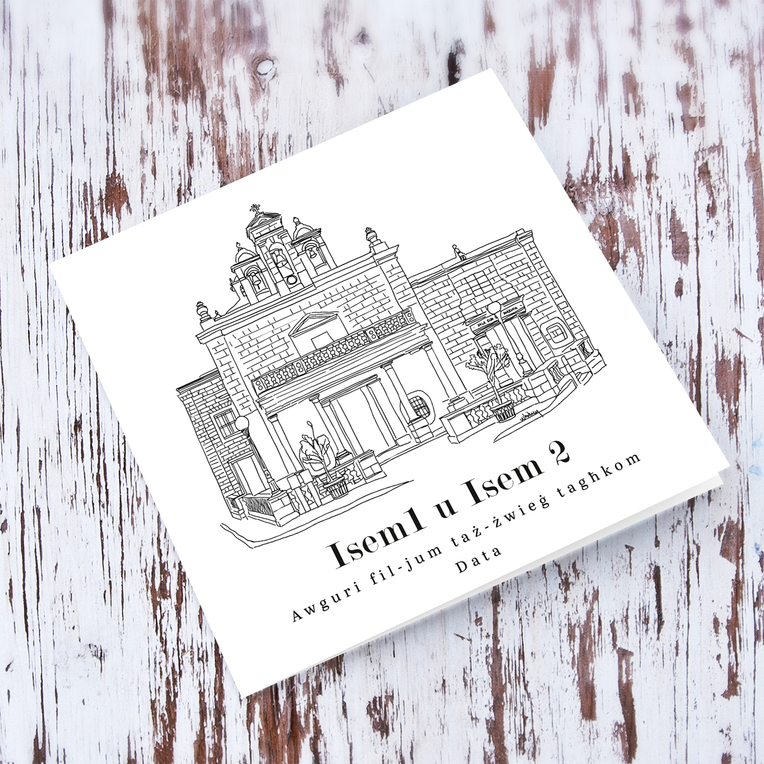 Bubaqra Żurrieq Parish Church line art wedding card in a white background and black text in Maltese (Personalisable)