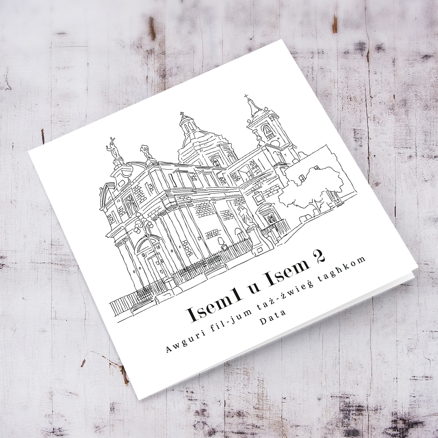 Mqabba Parish Church line art wedding card in a white background and black text in Maltese (Personalisable)