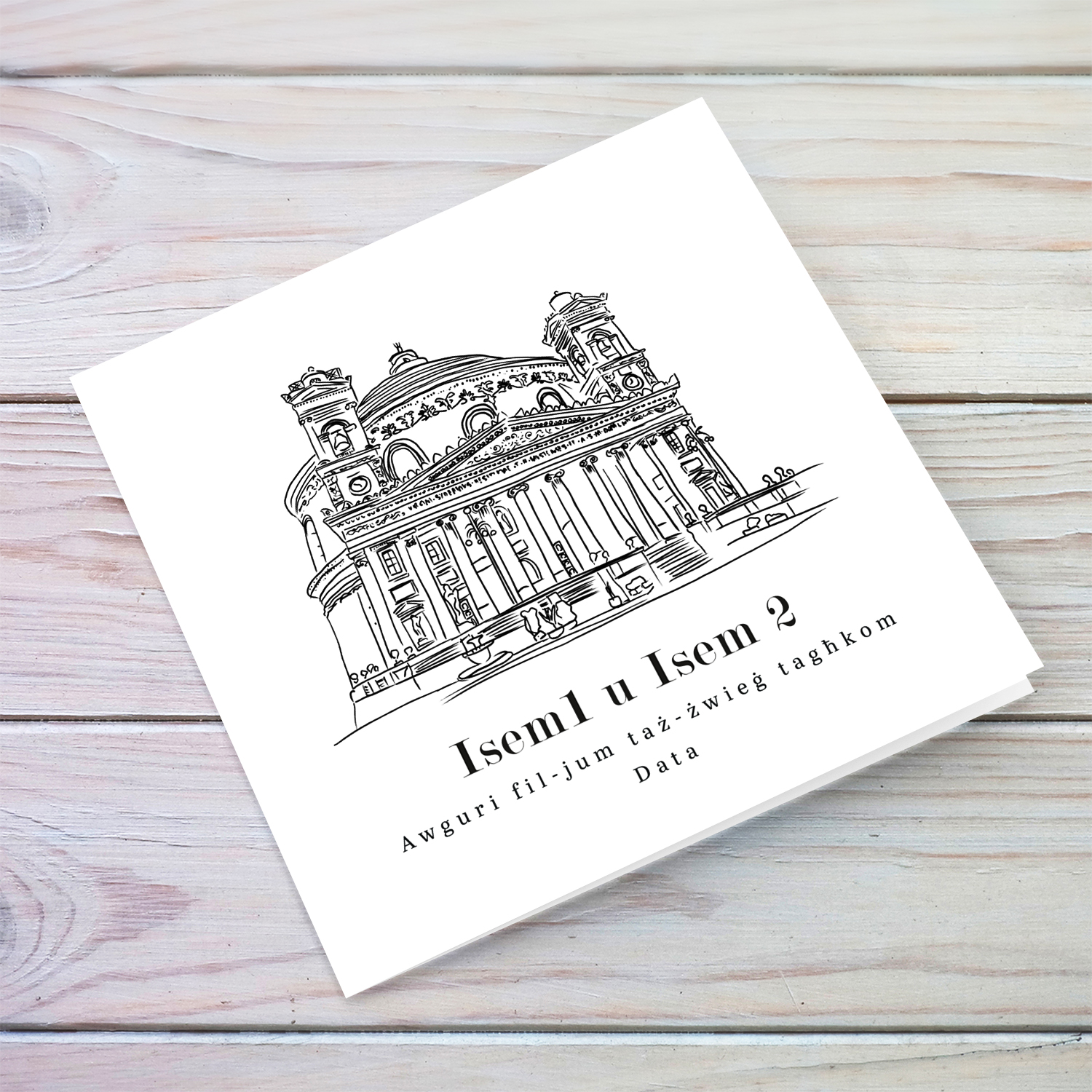 Mosta Dome line art wedding card in a white background and black text in Maltese (Personalisable)
