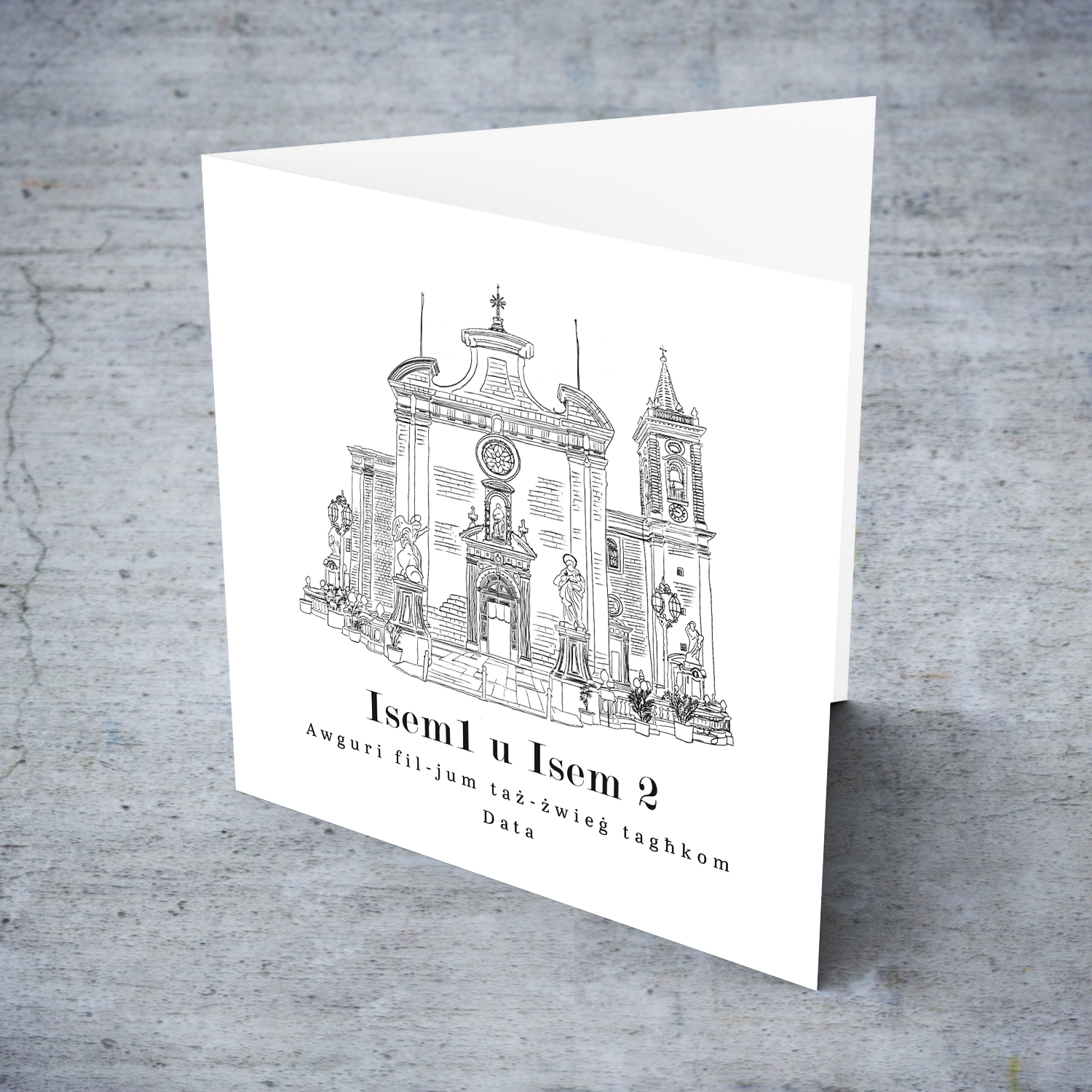 Ħal Balzan Parish Church line art wedding card in a white background and black text in Maltese (Personalisable)