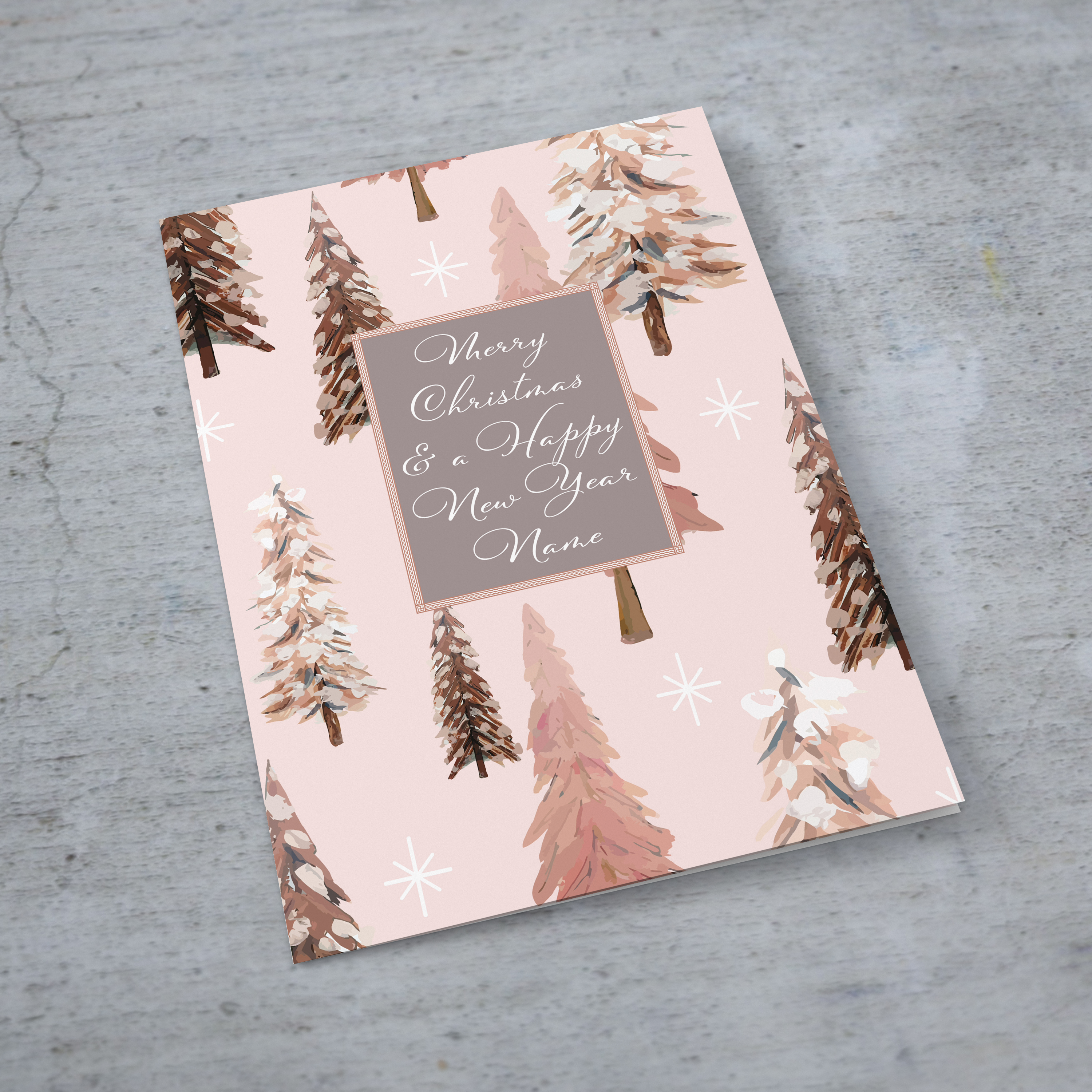 An A5 Christmas card in various pink tones, featuring a background with different Christmas trees in English (Personalisable)