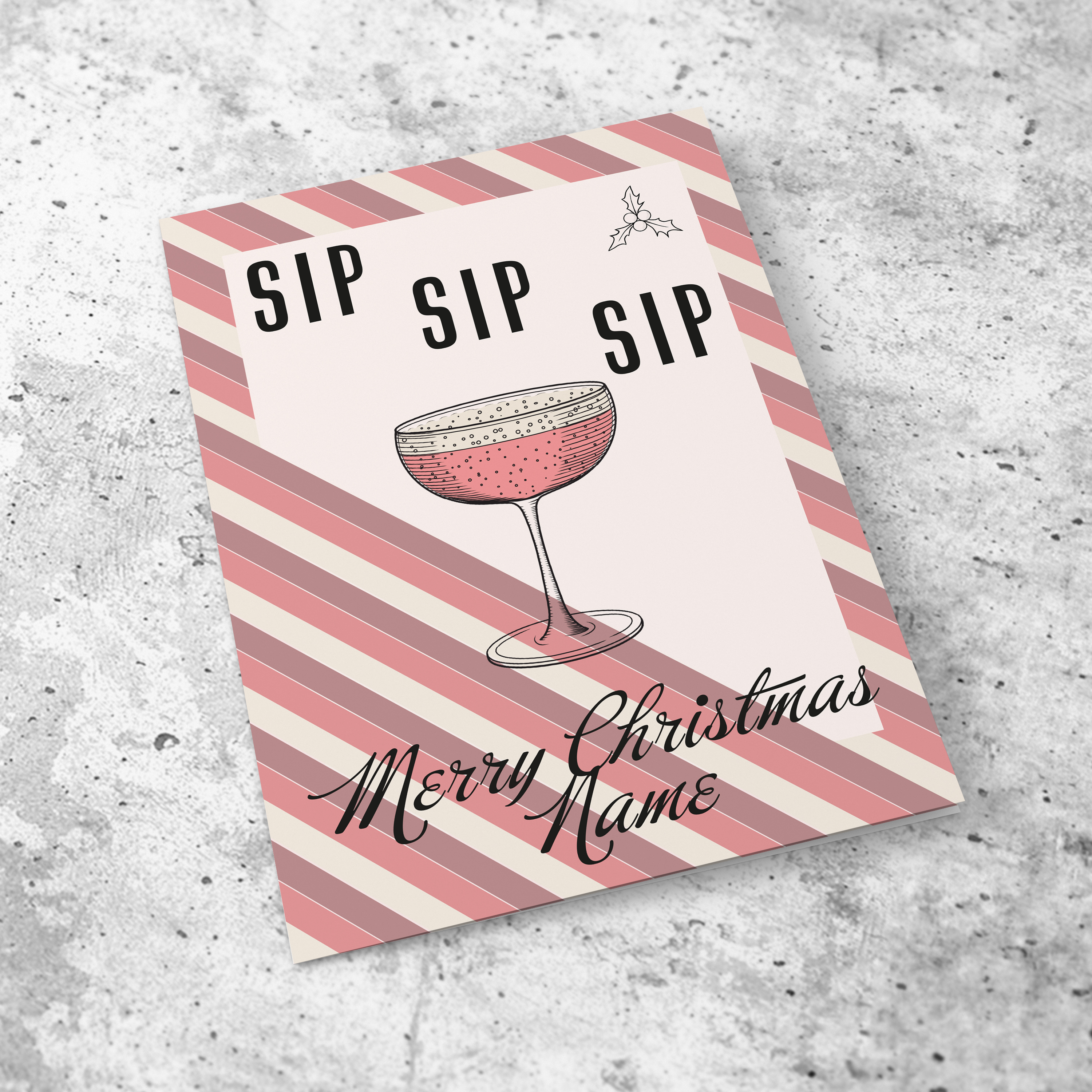 An a5 Christmas card, featuring a striped background, with a champagne glass in English (Personalisable)