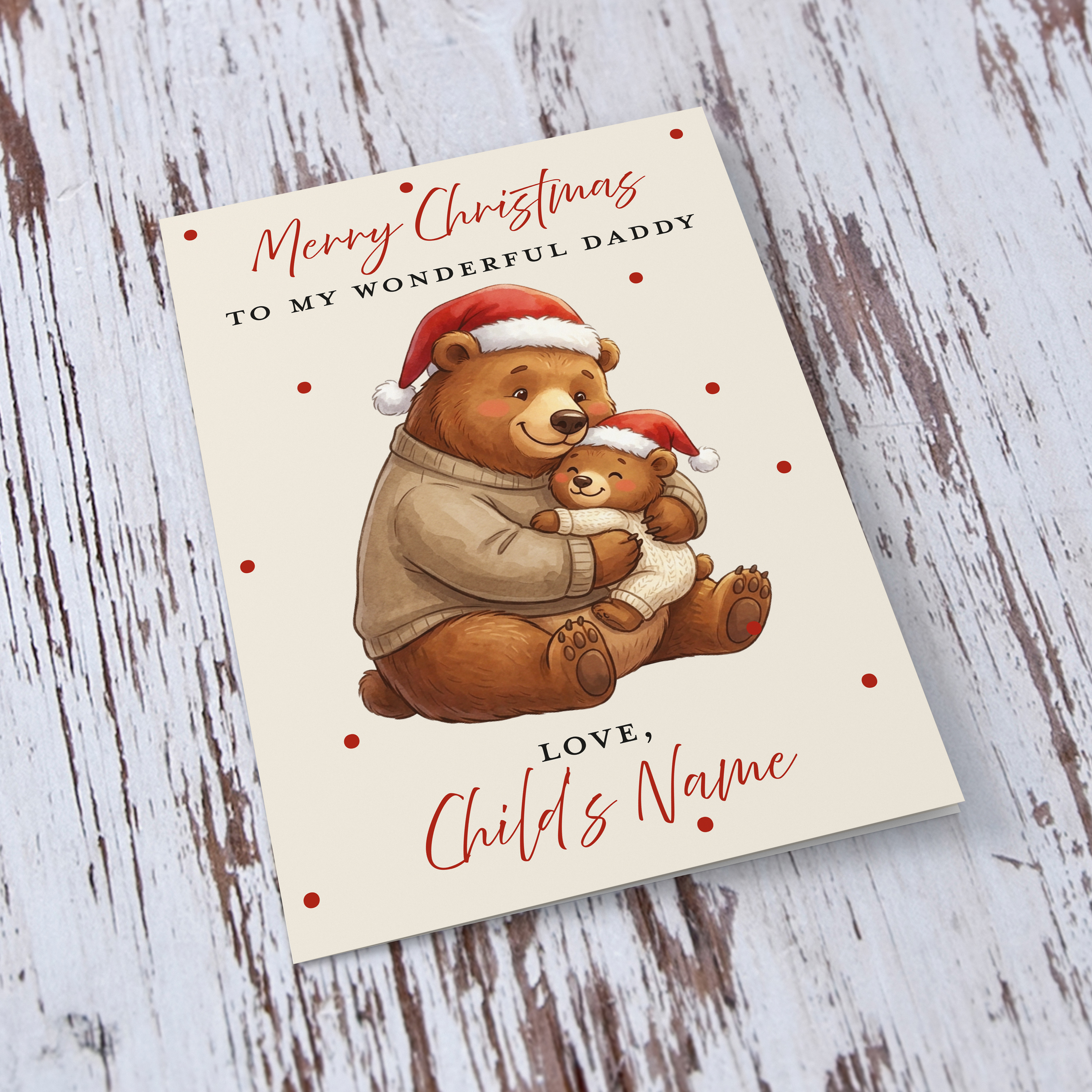 A cute A5 Christmas card for Daddy, featuring daddy bear and baby bear hugging each other in a neutral background in English (Personalisable with Child's Name)