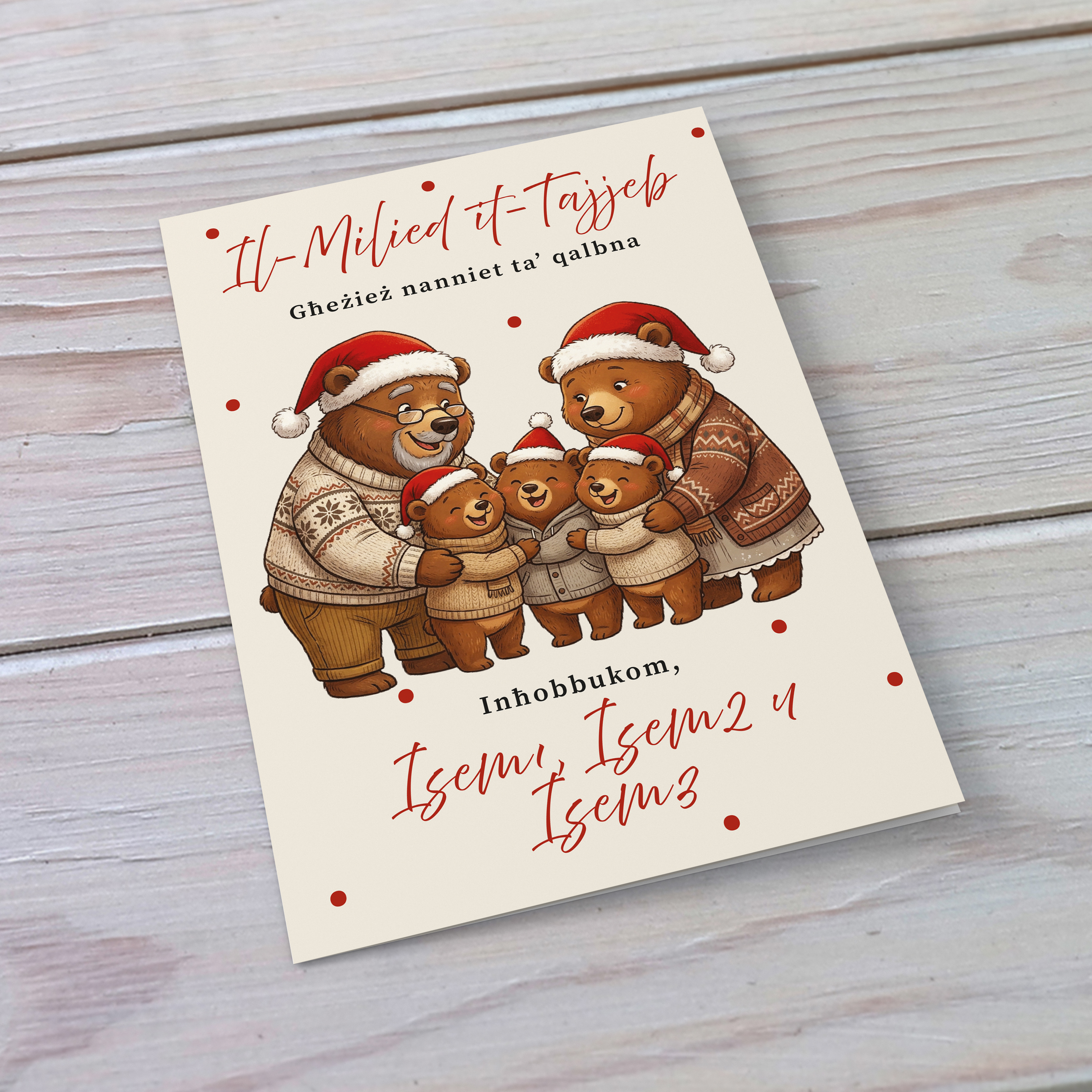 A cute A5 Christmas card for Grandparents, featuring grandma bear, grandpa bear and three baby bears hugging each other in a neutral background in Maltese (Personalisable with Children's Name)