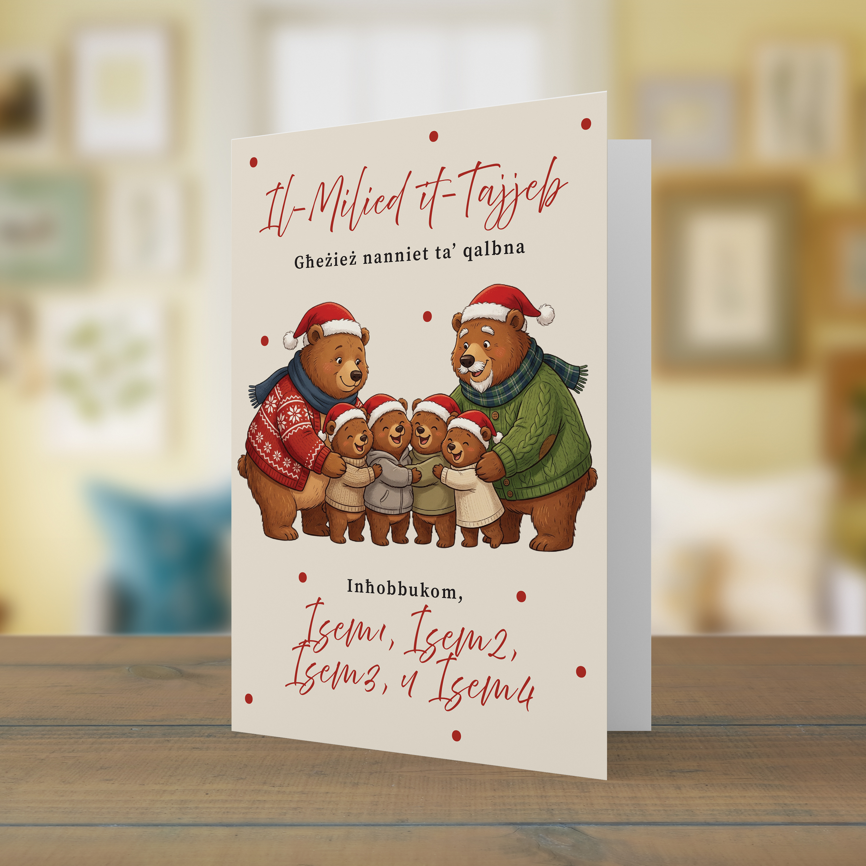A cute A5 Christmas card for Grandparents, featuring grandma bear, grandpa bear and four baby bears hugging each other in a neutral background in Maltese (Personalisable with Children's Name)