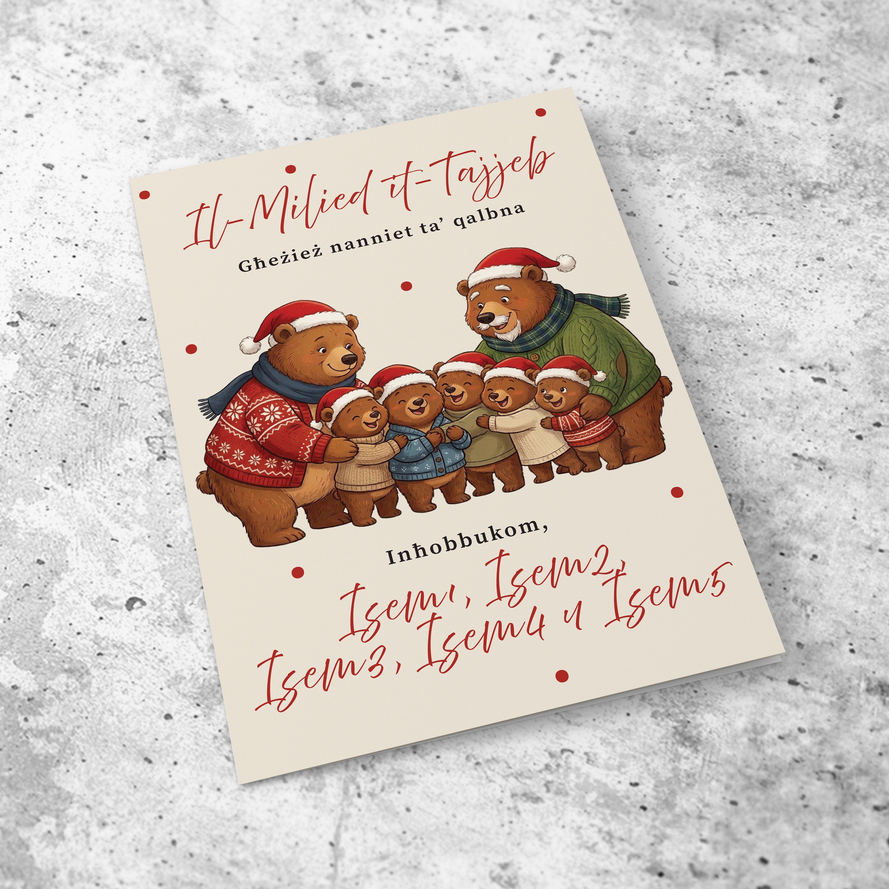 A cute A5 Christmas card for Grandparents, featuring grandma bear, grandpa bear and five baby bears hugging each other in a neutral background in Maltese (Personalisable with Children's Name)