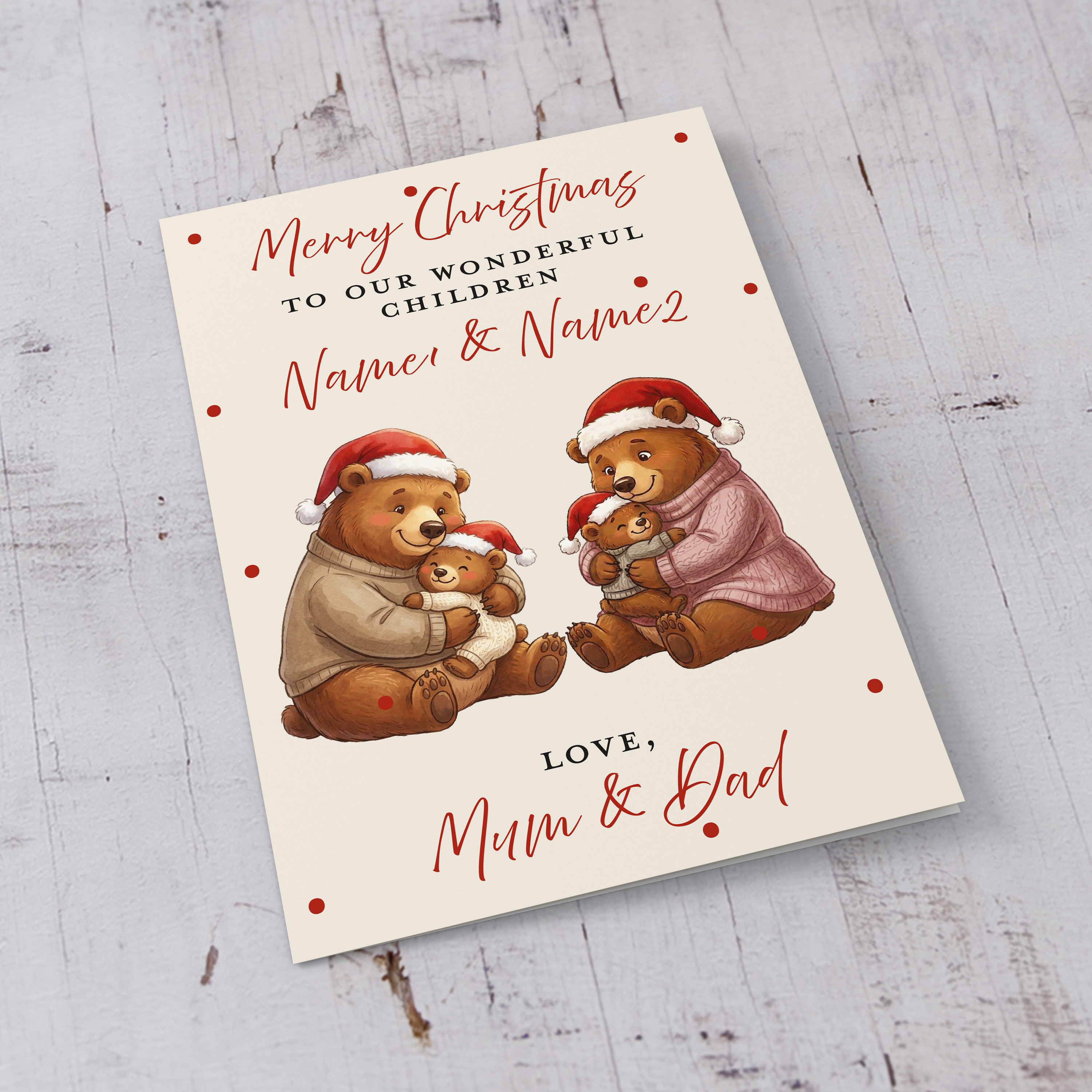 A cute A5 Christmas card for your kids, featuring mummy bear, daddy bear and baby bears hugging each other in a neutral background in English (Personalisable with Child's Name)