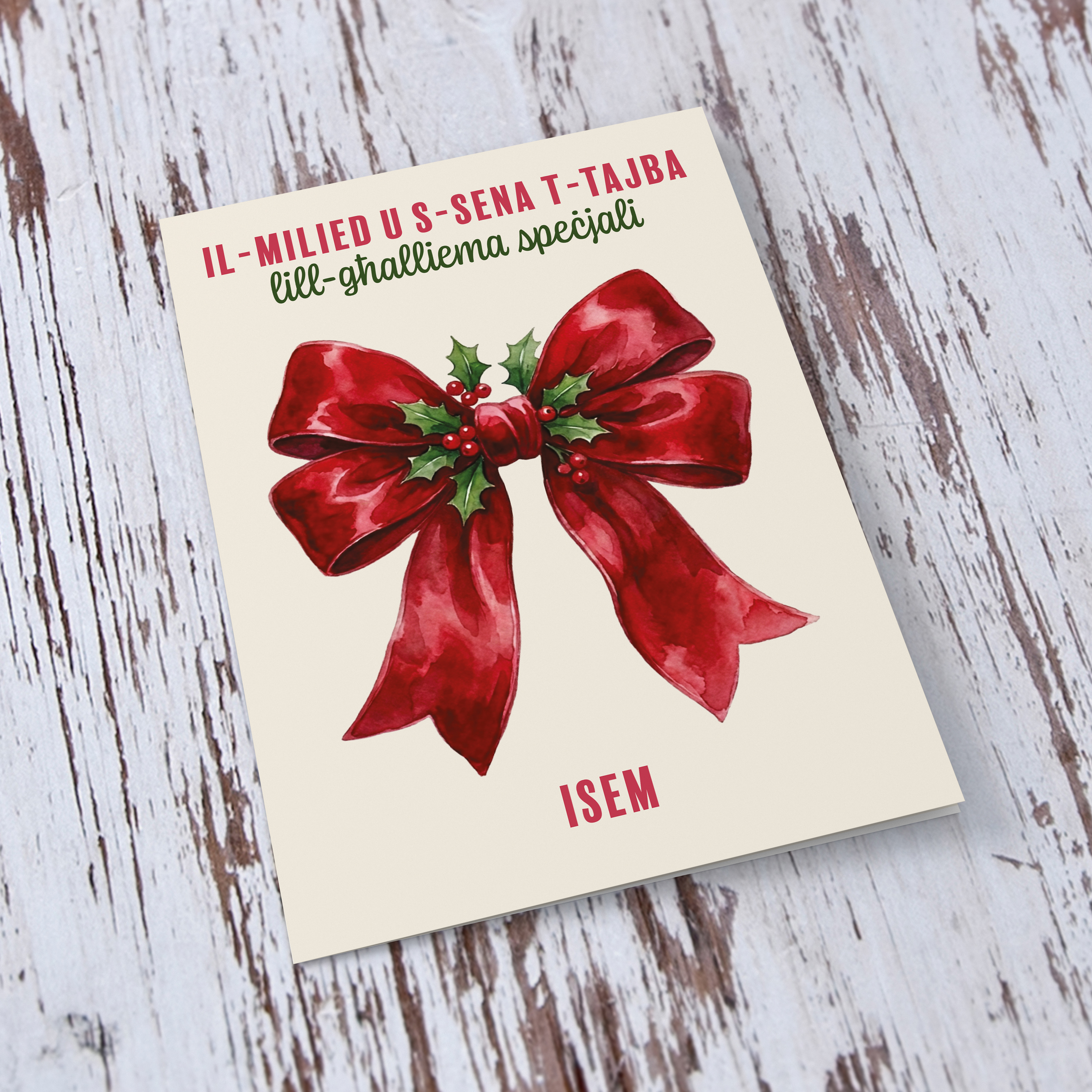 A beautiful A5 Christmas card, featuring a big red bow decorated with hollies, for a special teacher in Maltese (Personalisable)