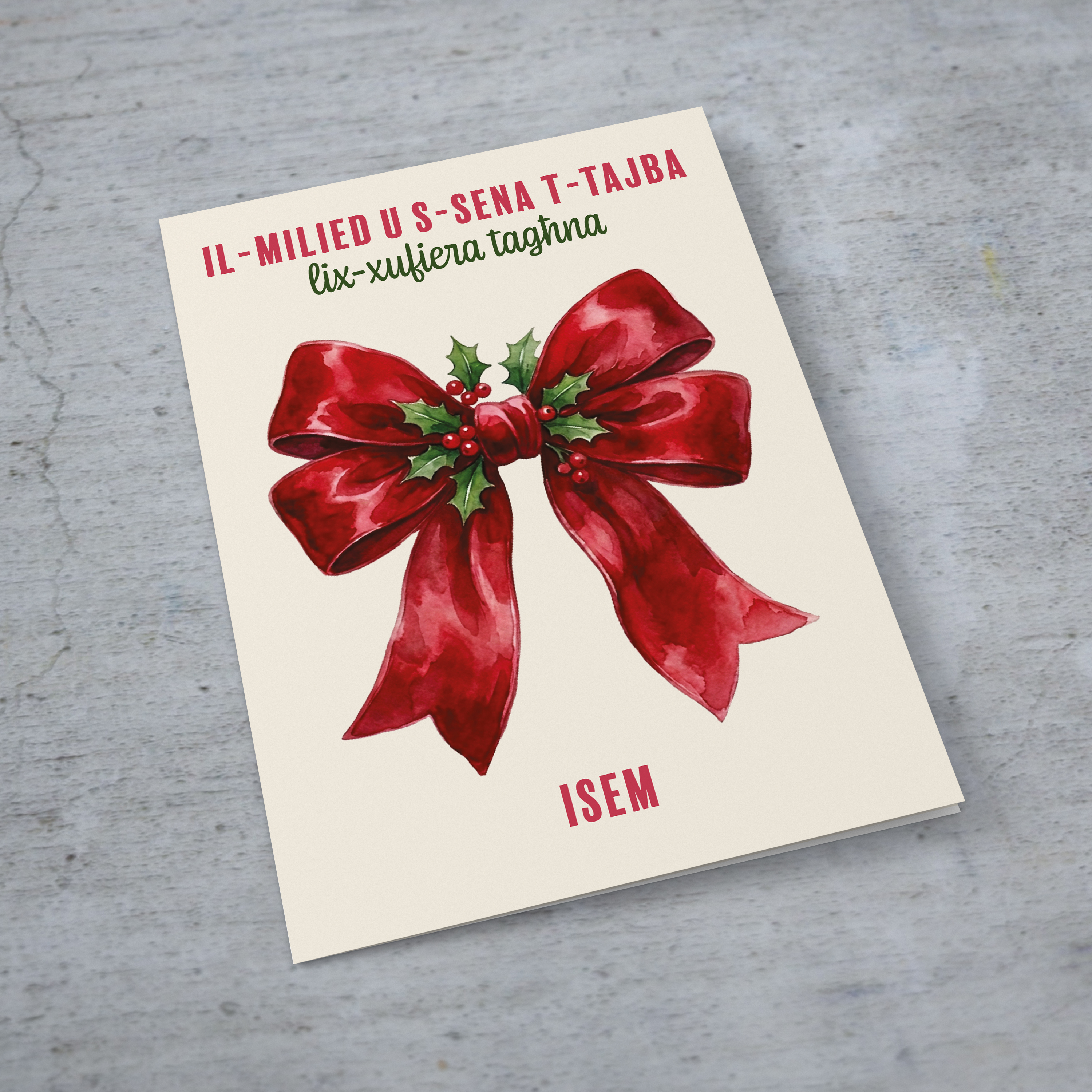 A beautiful A5 Christmas card, featuring a big red bow decorated with hollies, for school driver (female) in Maltese (Personalisable)
