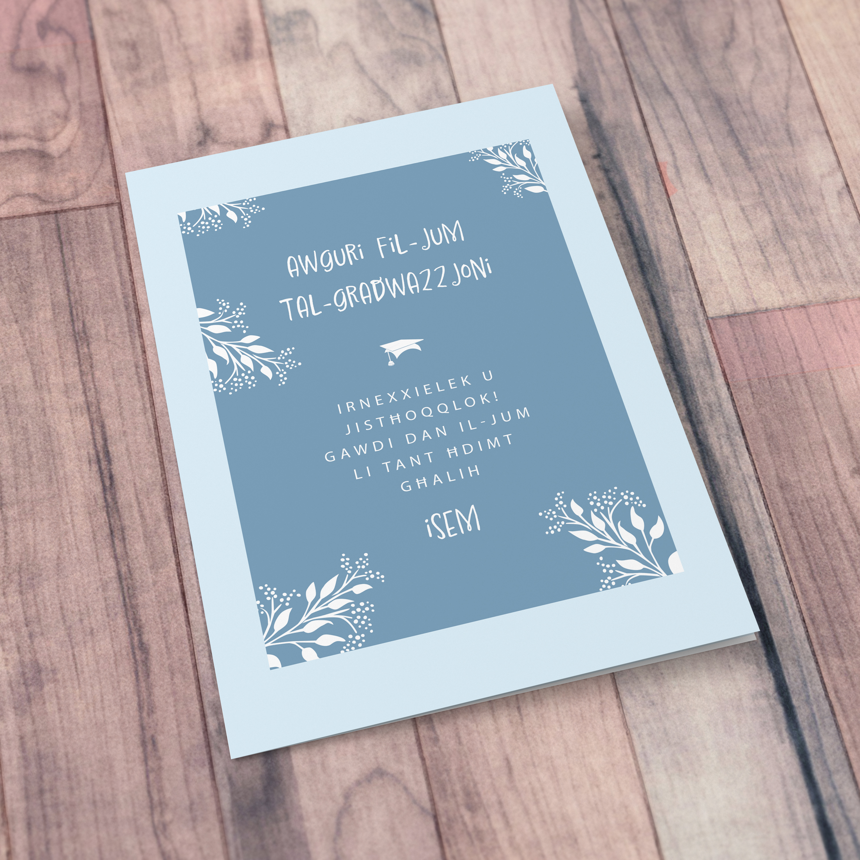 An a5 graduation card in two toned blue colour scheme in Maltese (Personalisable)