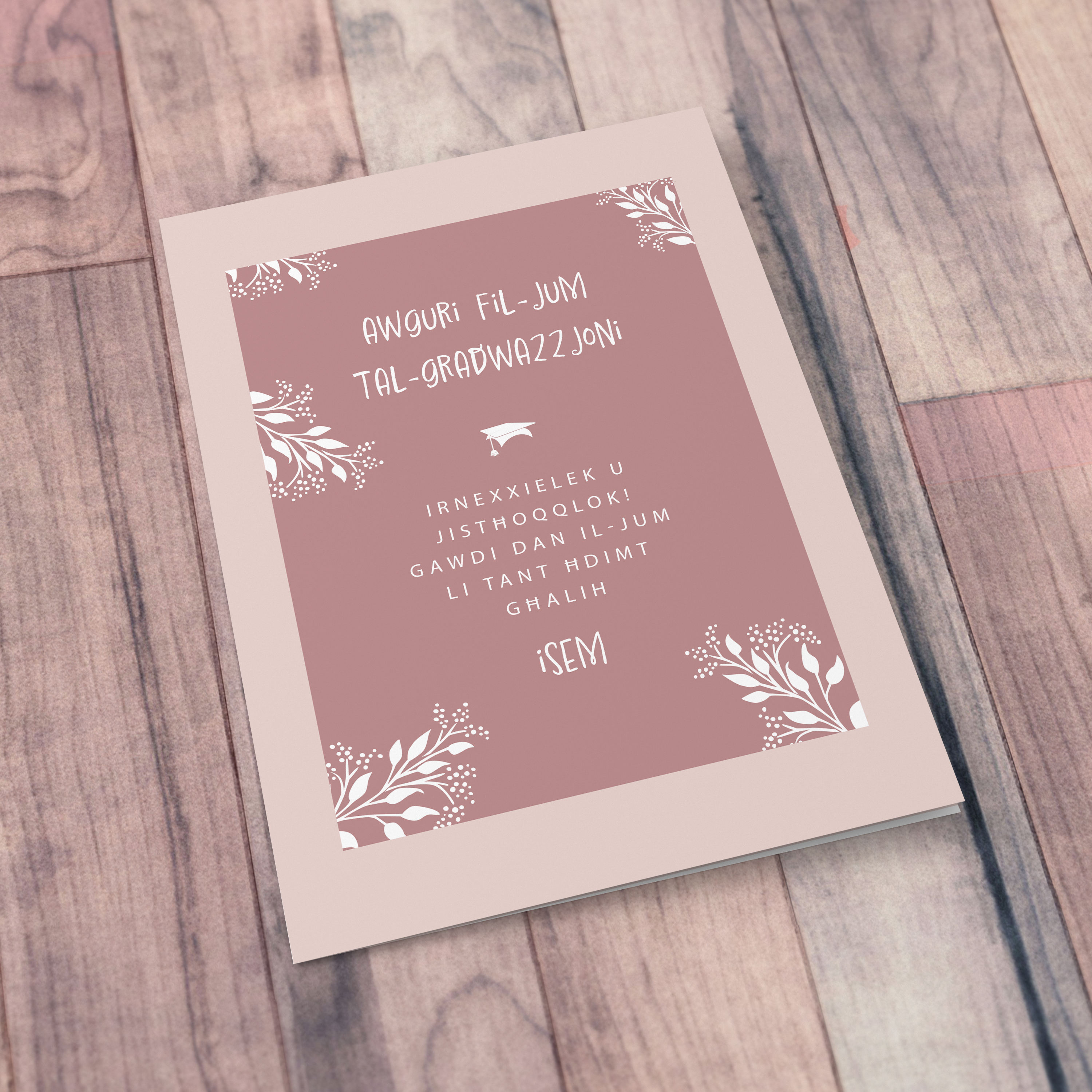 An a5 graduation card in two toned pink colour scheme in Maltese (Personalisable)