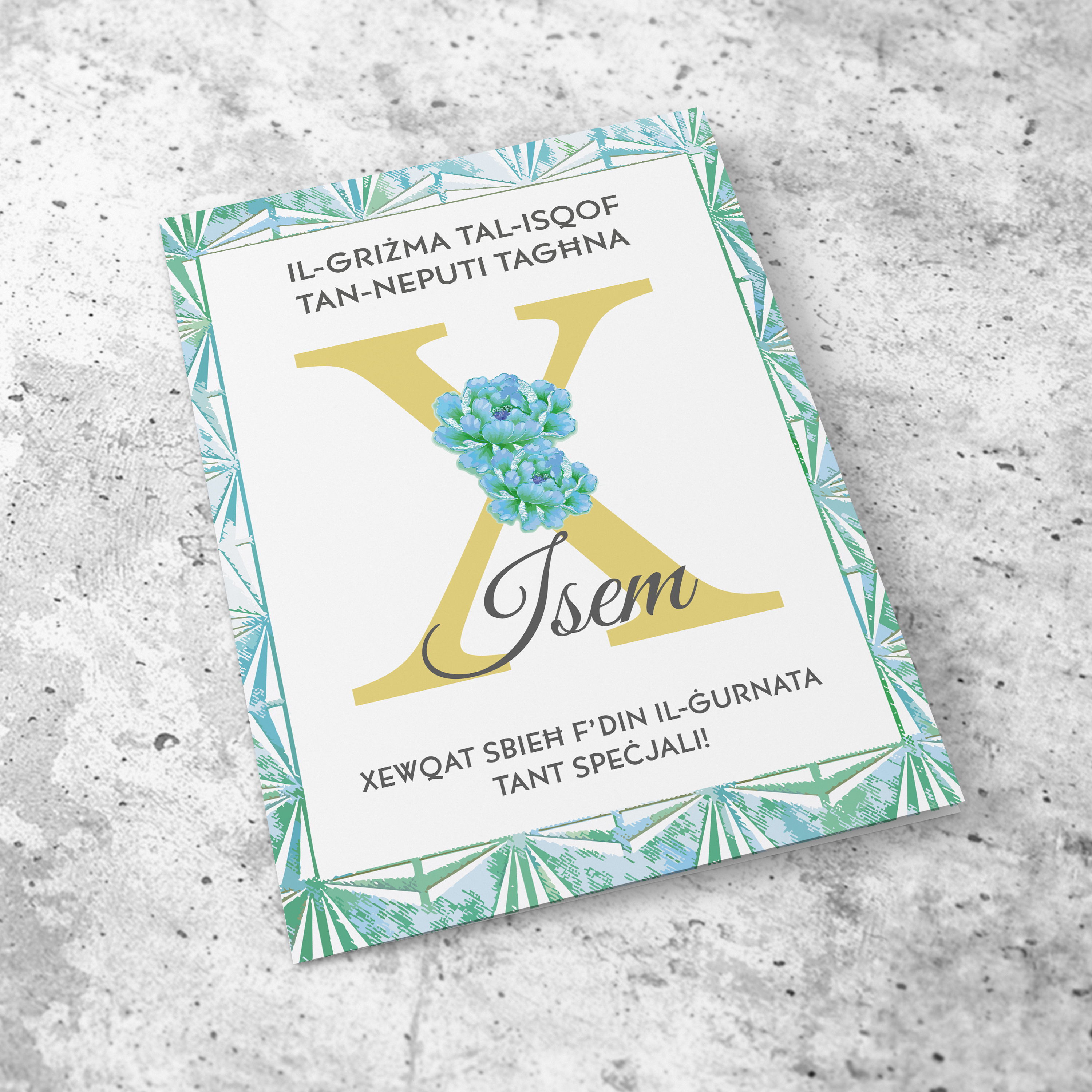 A beautiful Confirmation Card for a nephew / grandson in blue/green border in Maltese (Personalisable)