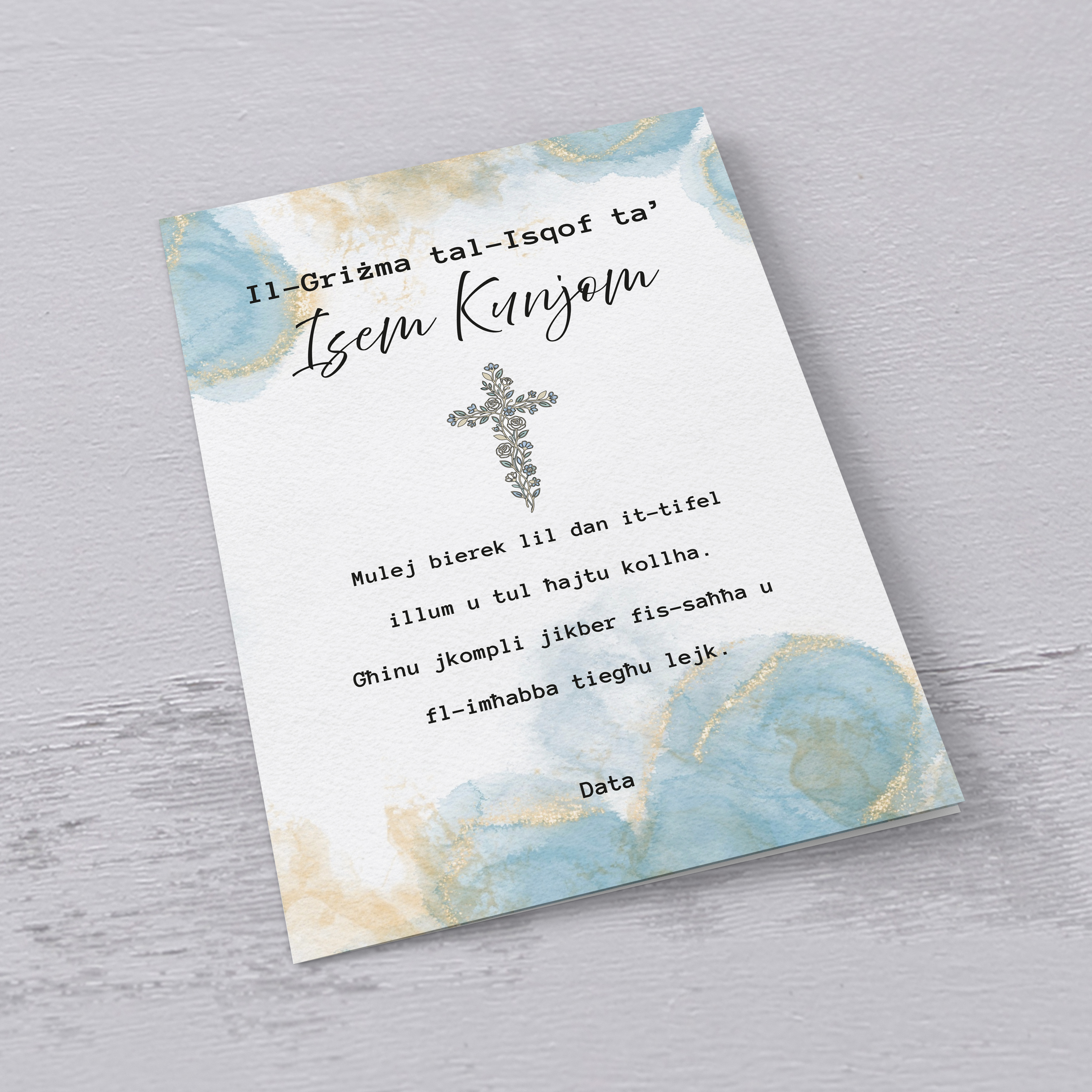 A beautiful confirmation card for boys featuring a floral cross, and a background with touches of gold and light blue in Maltese (Personalisable)