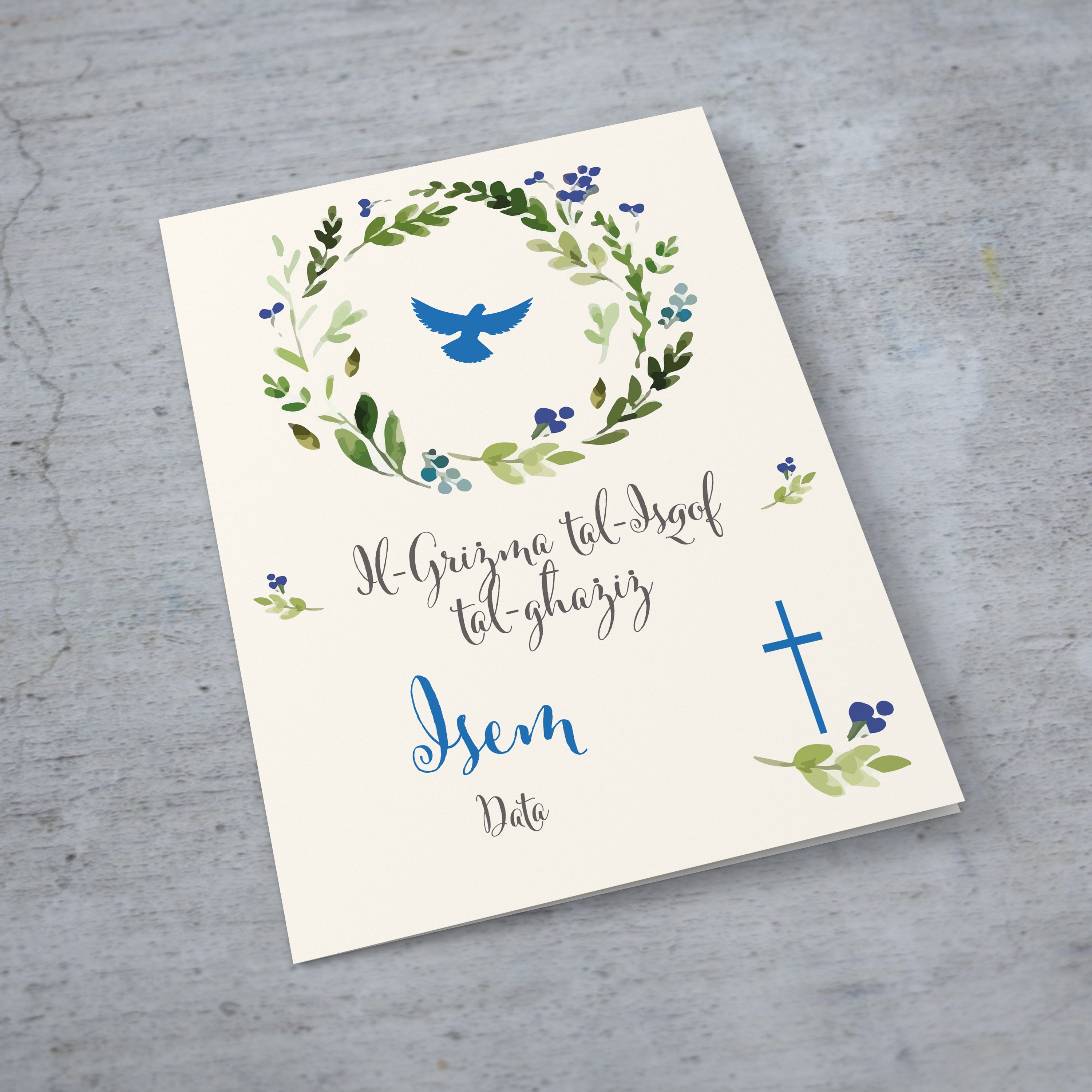An a5 Confirmation Card featuring a floral wreath with Holy Spirit in blue tones in Maltese (Personalisable)