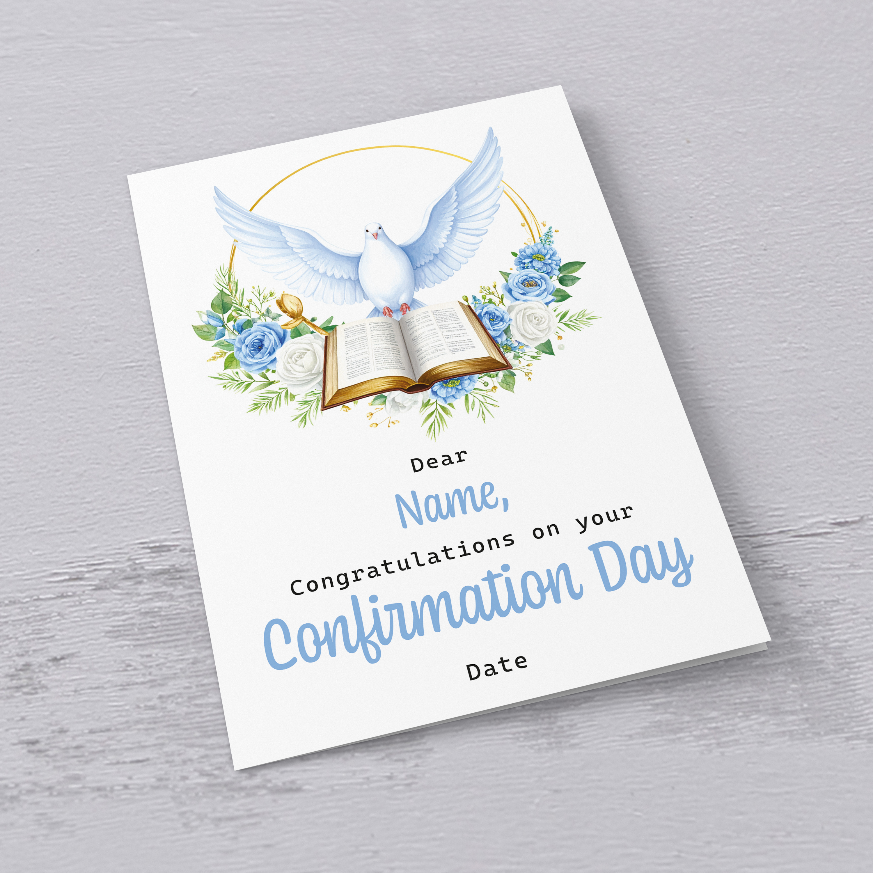 An A5 elegant Confirmation card featuring the Holy Spirit dove, an open Bible and beautiful blue and white flowers in English (Personalisable)