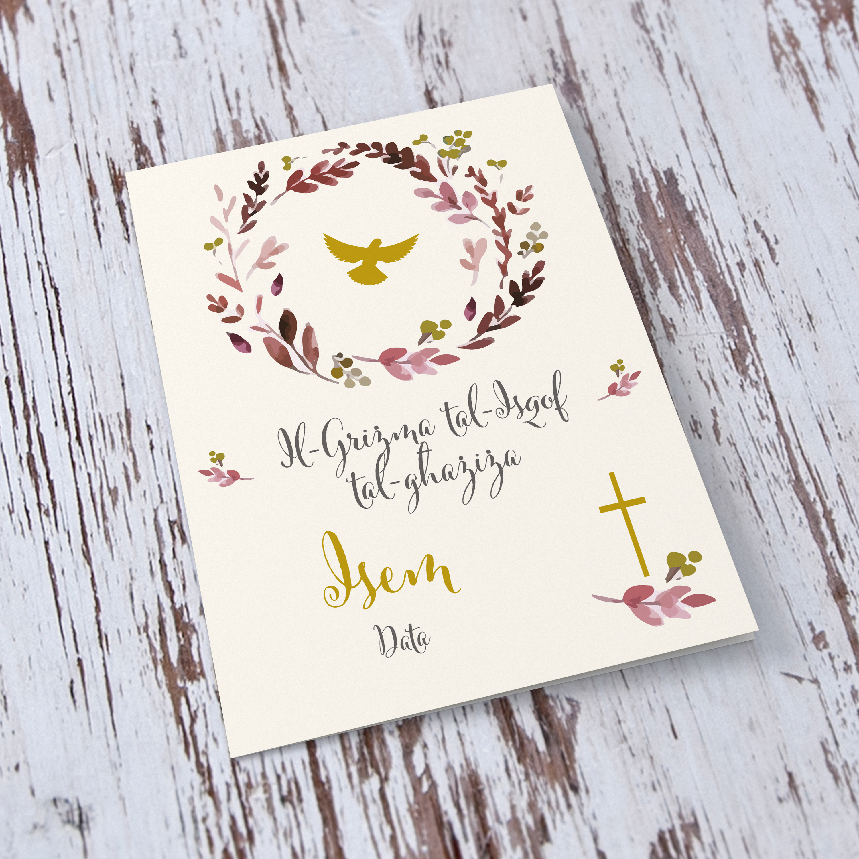 An a5 Confirmation Card featuring a floral wreath with Holy Spirit in wine and gold tones in Maltese (Personalisable)