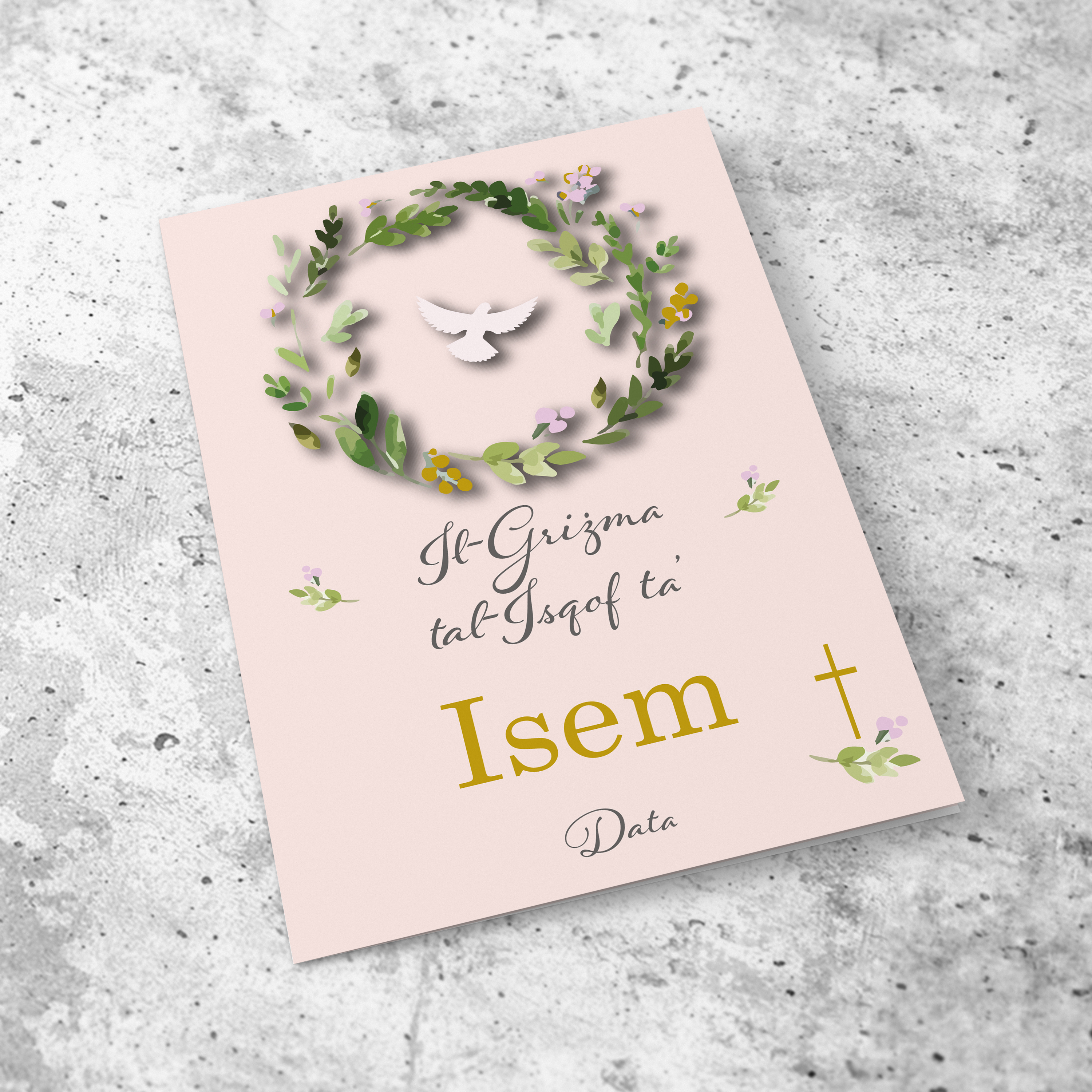 An a5 Confirmation Card featuring a floral wreath with Holy Spirit in a light pink background in Maltese (Personalisable)