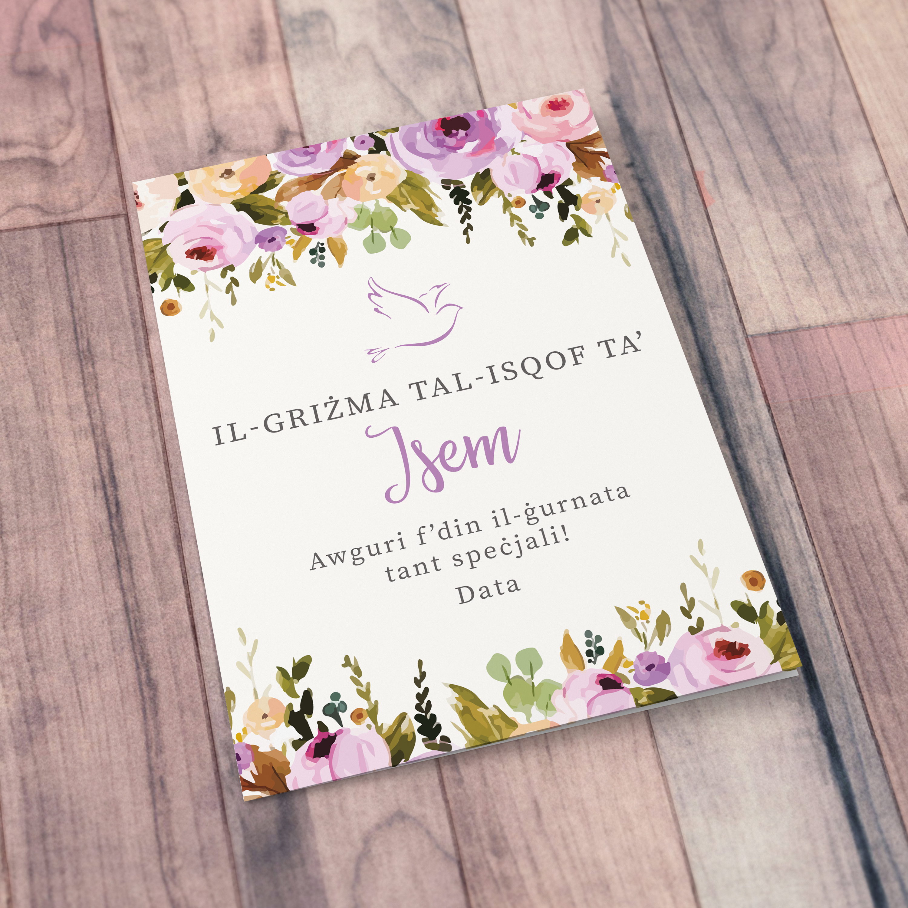 An a5 pink / purple flower themed Confirmation card in Maltese (Personalisable)