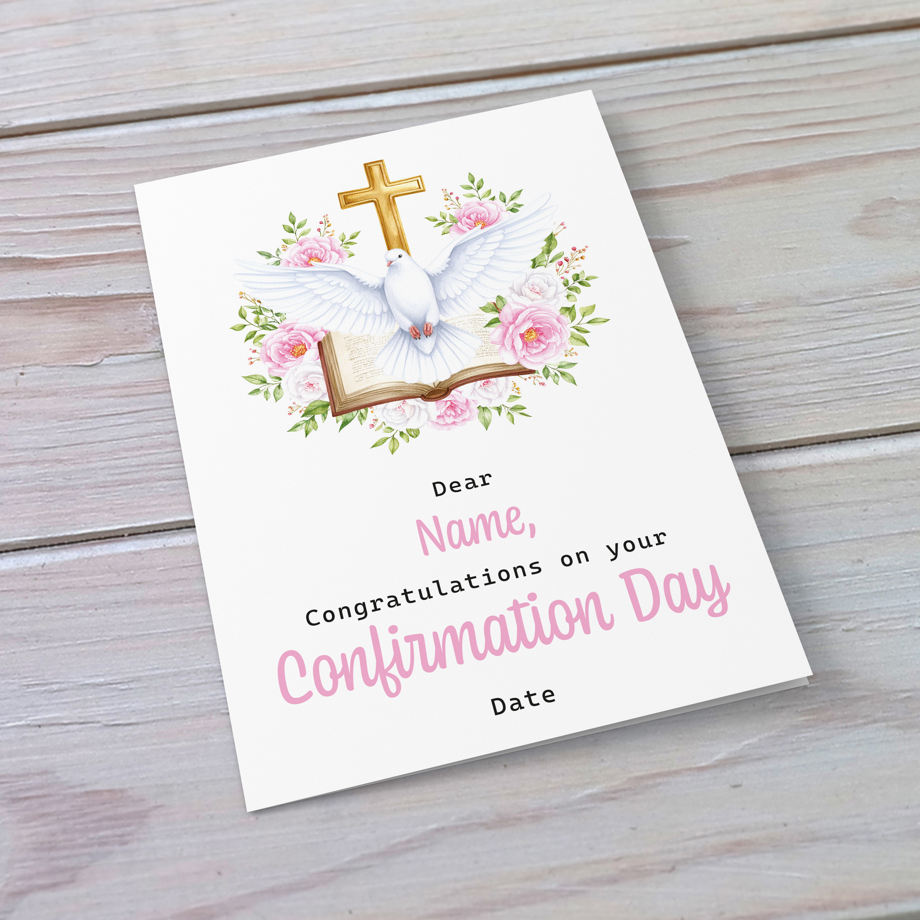 An A5 elegant Confirmation card featuring the Holy Spirit dove, an open Bible and beautiful pink and white flowers in English (Personalisable)