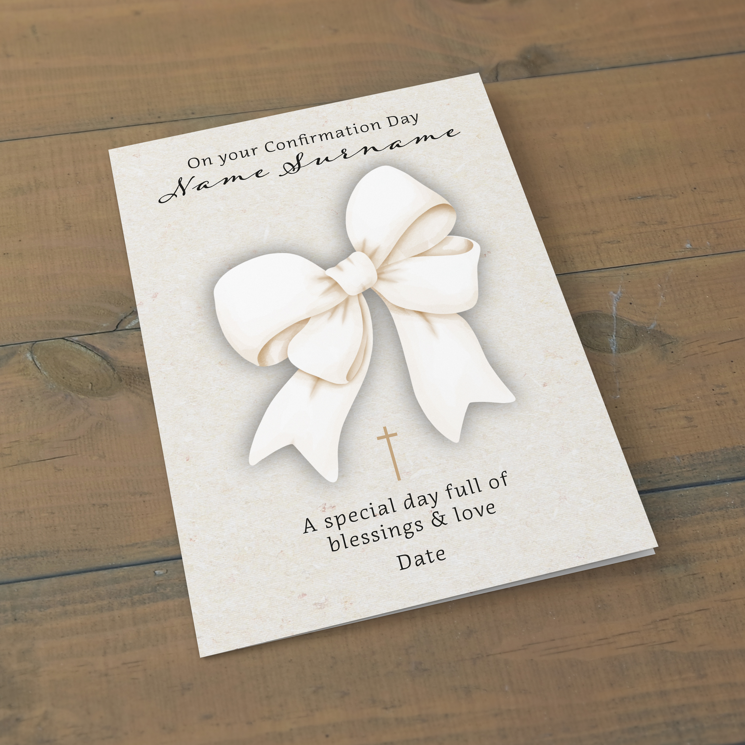 A cute big bow themed A5 confirmation card with small gold cross in English (Personalisable)