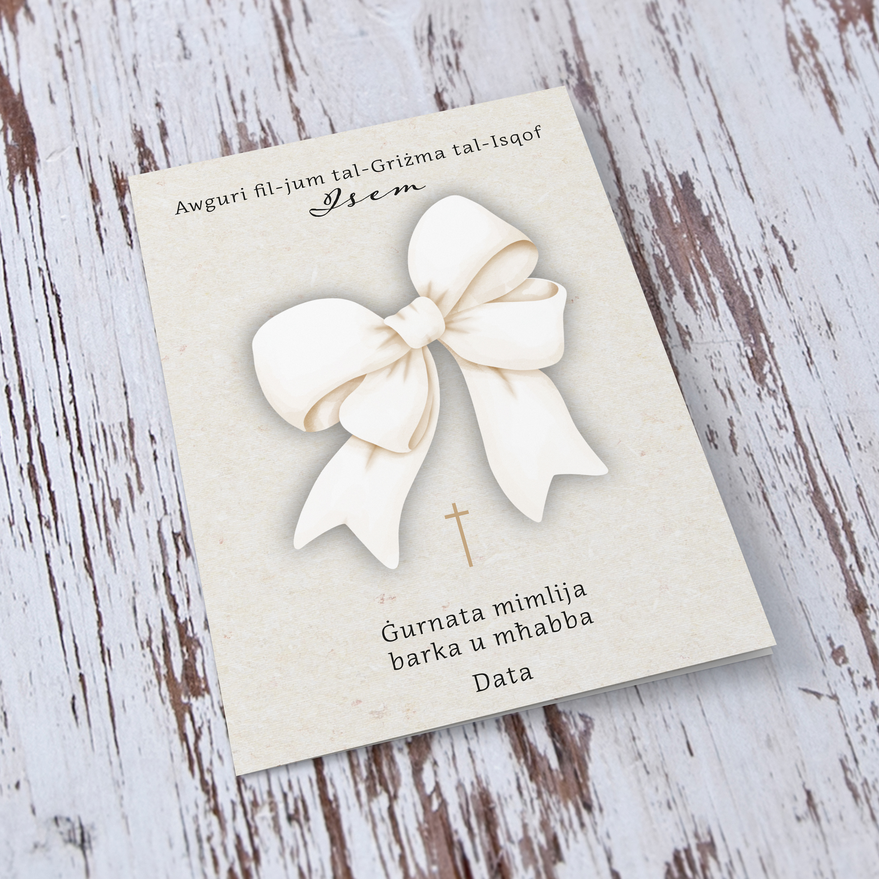 A cute big bow themed confirmation card with small gold cross in Maltese (Personalisable)