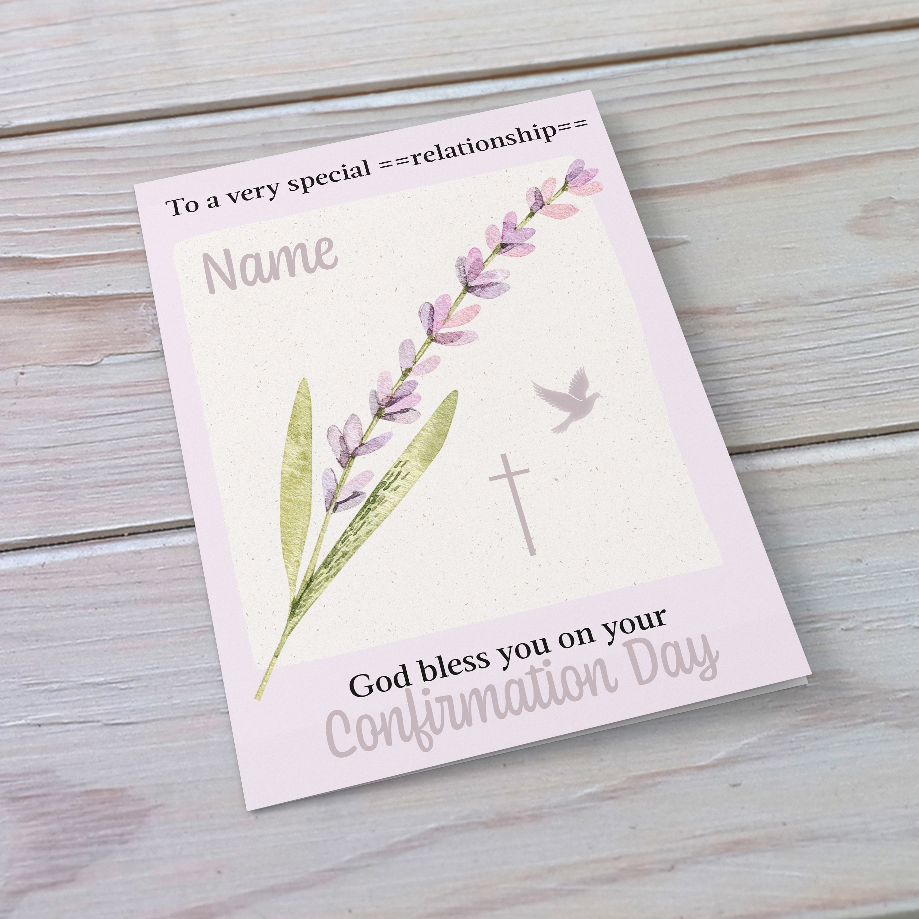 A Petite Confirmation a5 Card for a very special "Enter relationship" in pink / purple tones in English (Personaliable)