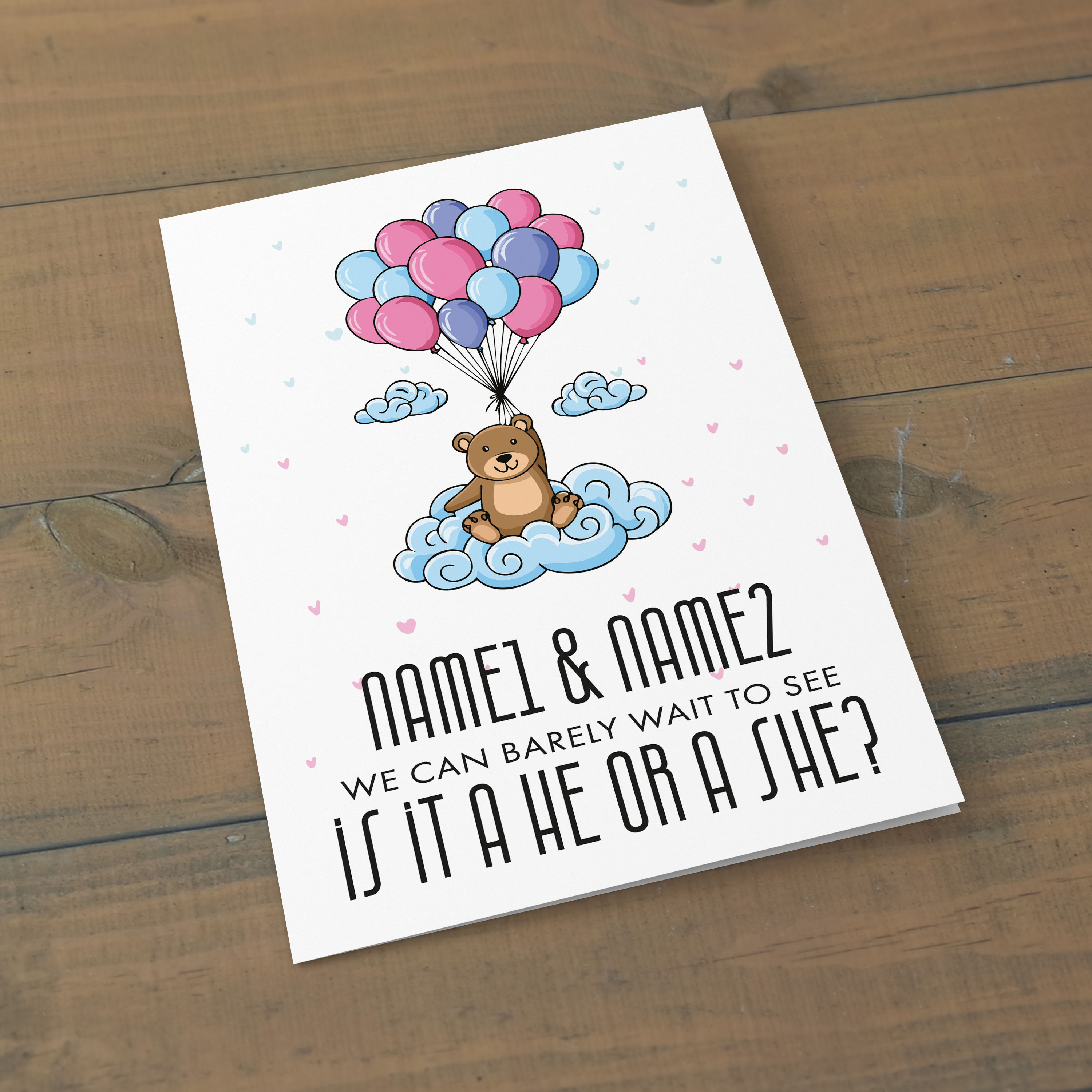 A cute bear holding blue, pink and purple balloons gender reveal card with scattered hearts in English (Personalisable + A5)