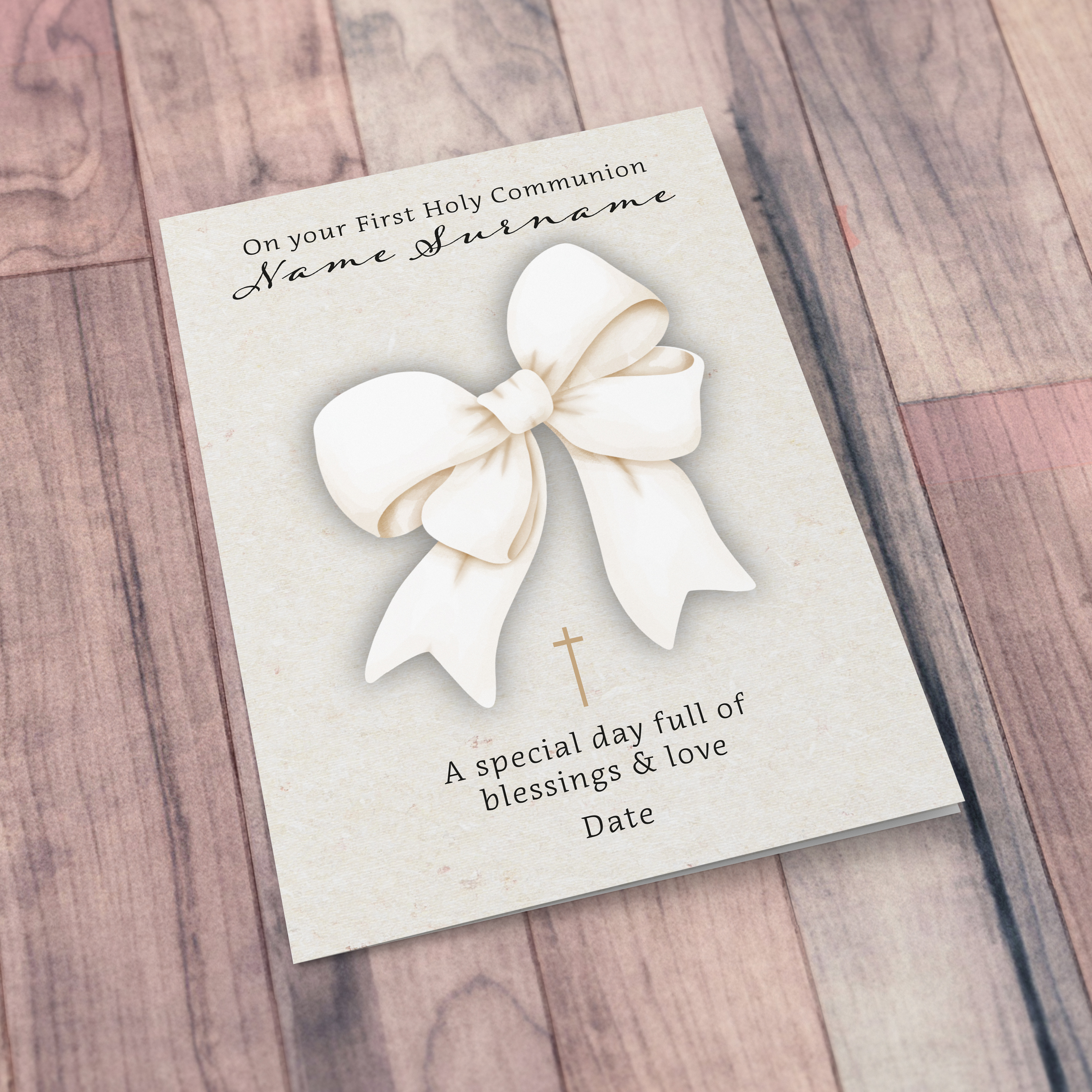 A cute big bow themed A5 first holy communion card with small gold cross in English (Personalisable)