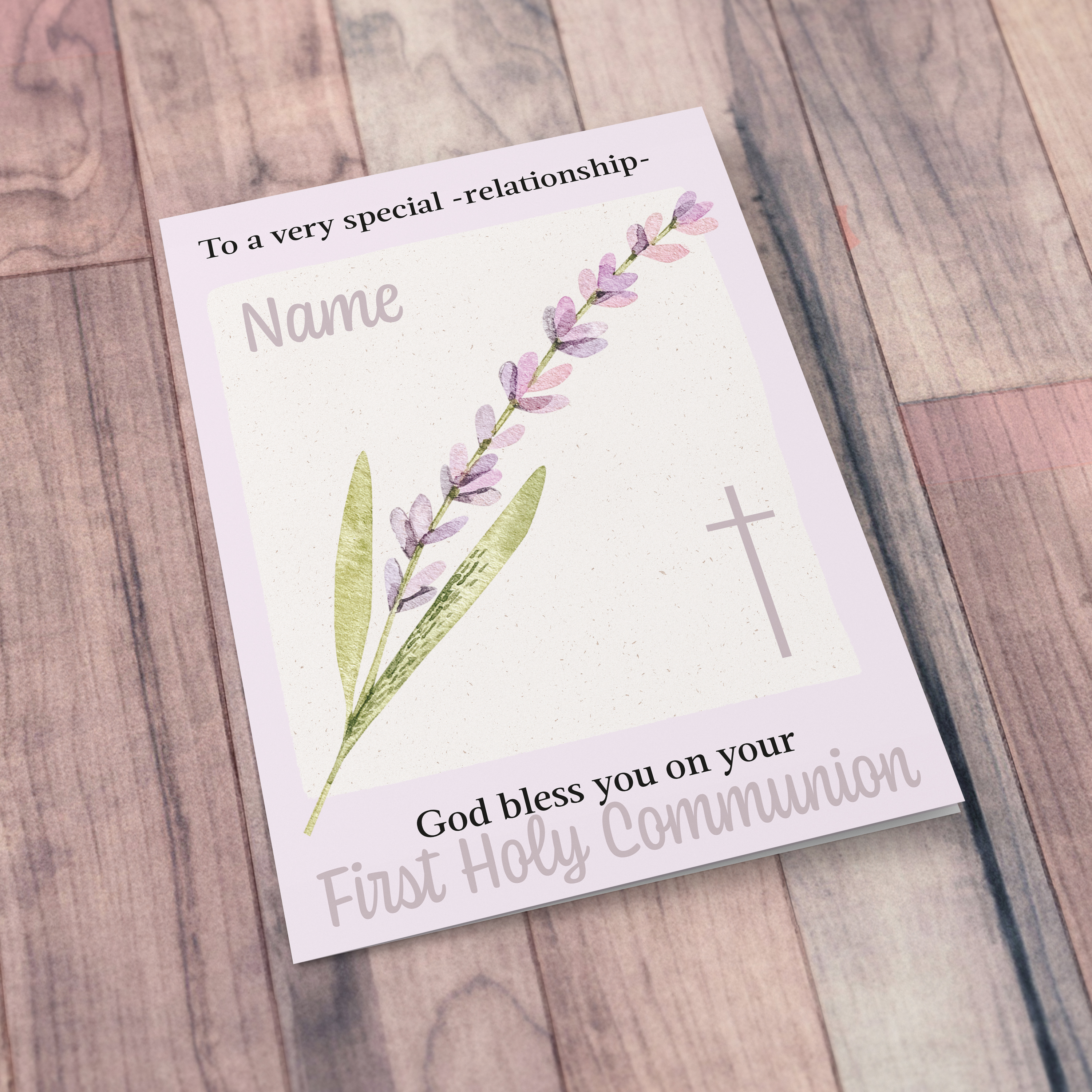 A Petite First Holy Communion a5 Card for a very special "Enter relationship" in pink / purple tones in English (Personaliable)
