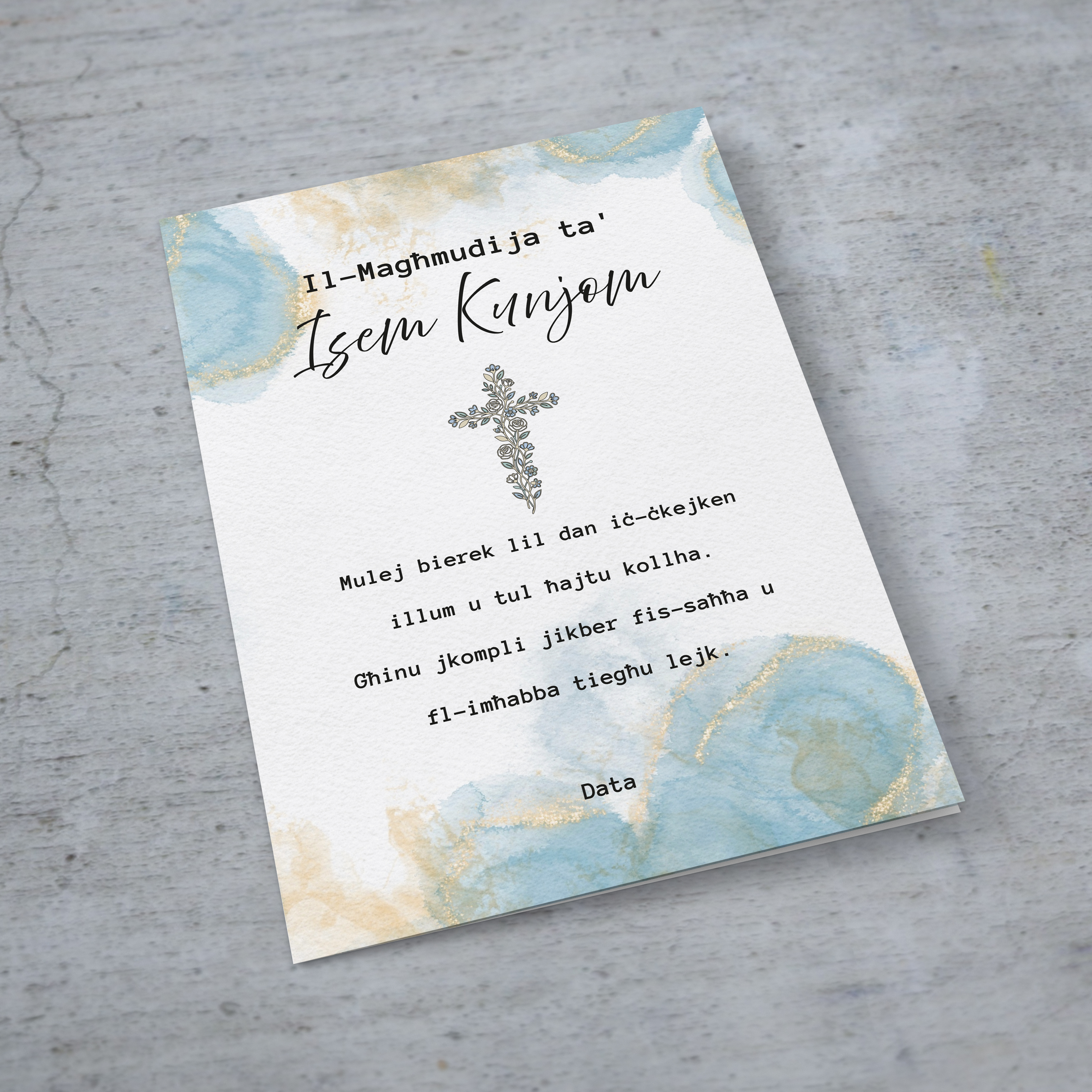A beautiful baptism card for boys featuring a floral cross, and a background with touches of gold and light blue in Maltese (Personalisable)