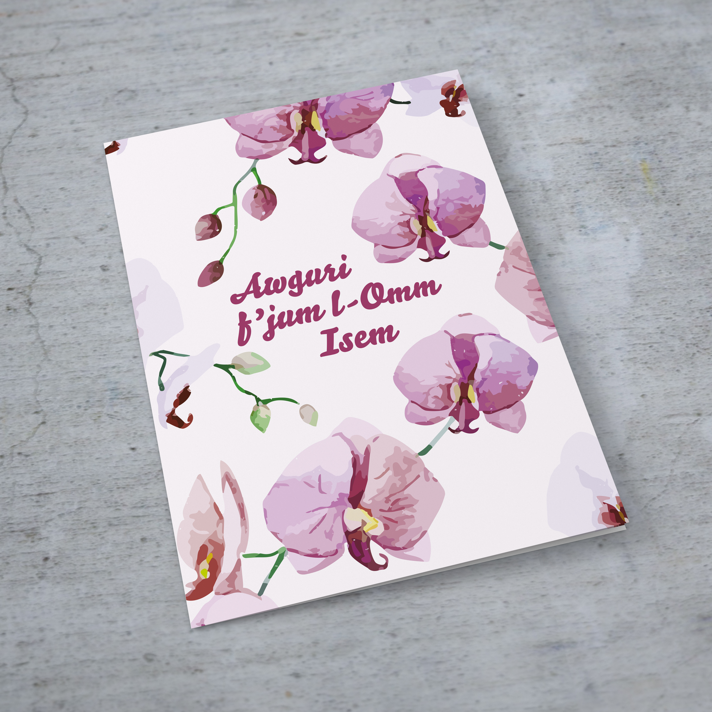 A pink themed orchid Mother's Day card in Maltese (Personalisable)