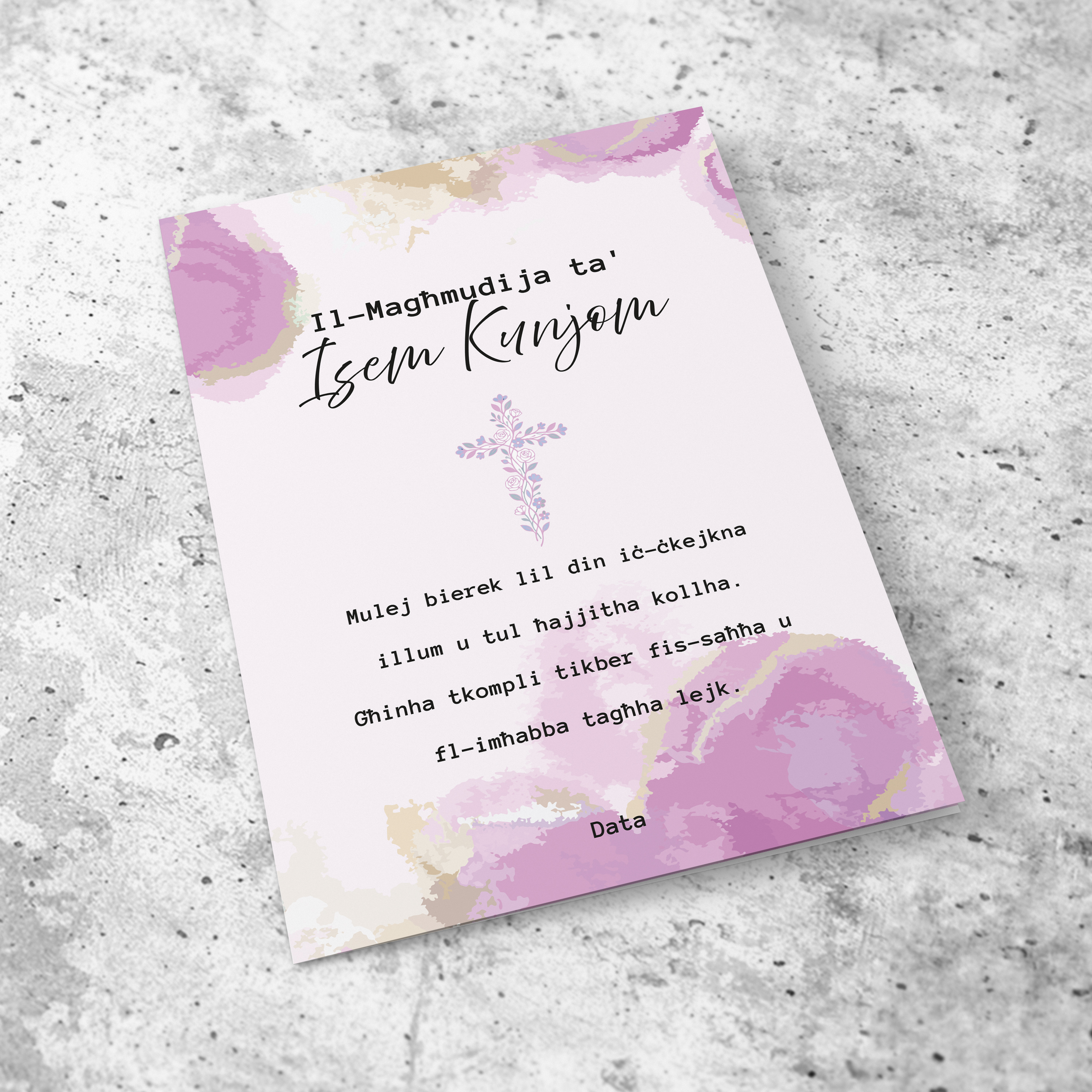 A beautiful baptism card for girls featuring a floral cross, and a background with touches of gold and pink in Maltese (Personalisable)