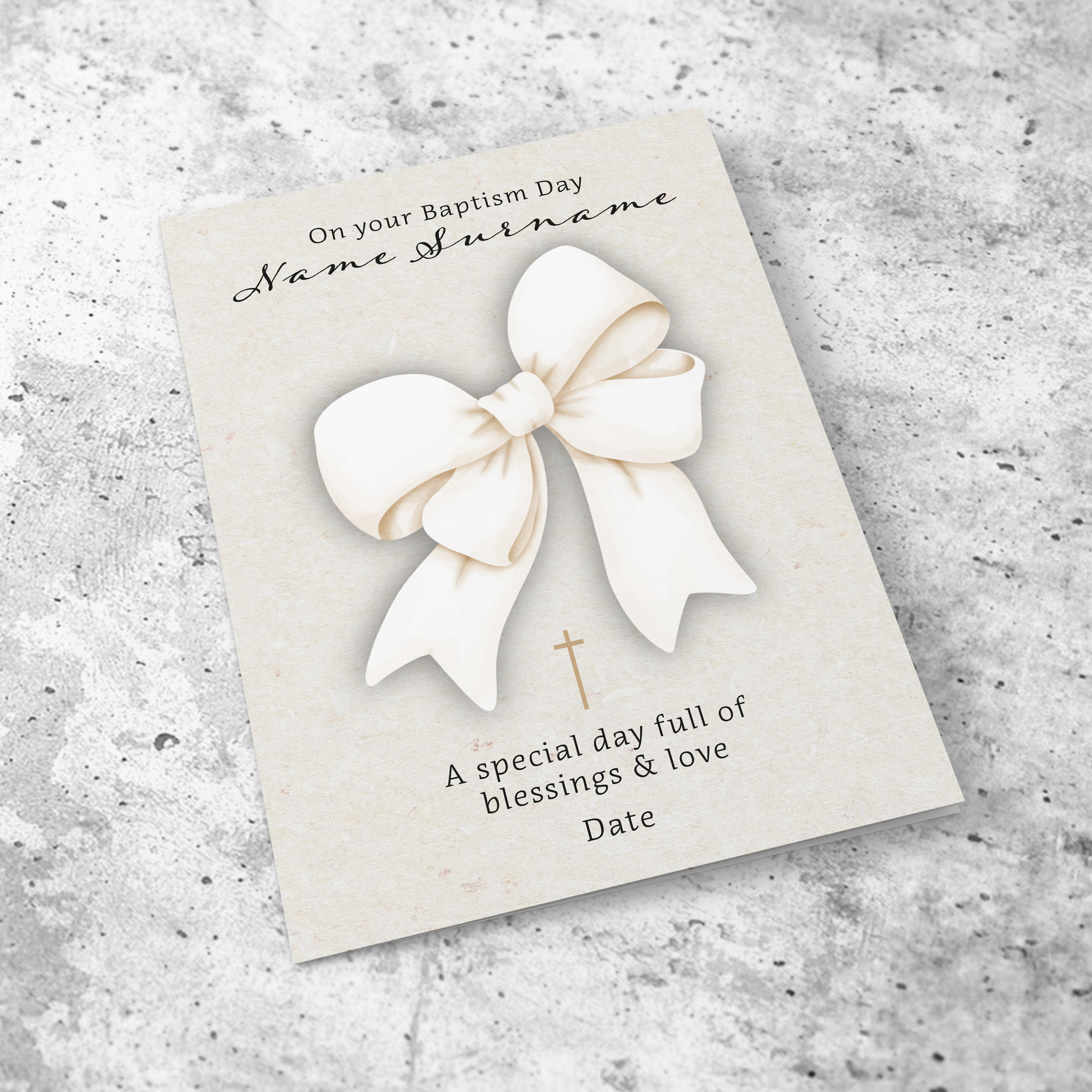 A cute big bow themed A5 baptism card with small gold cross in English (Personalisable)