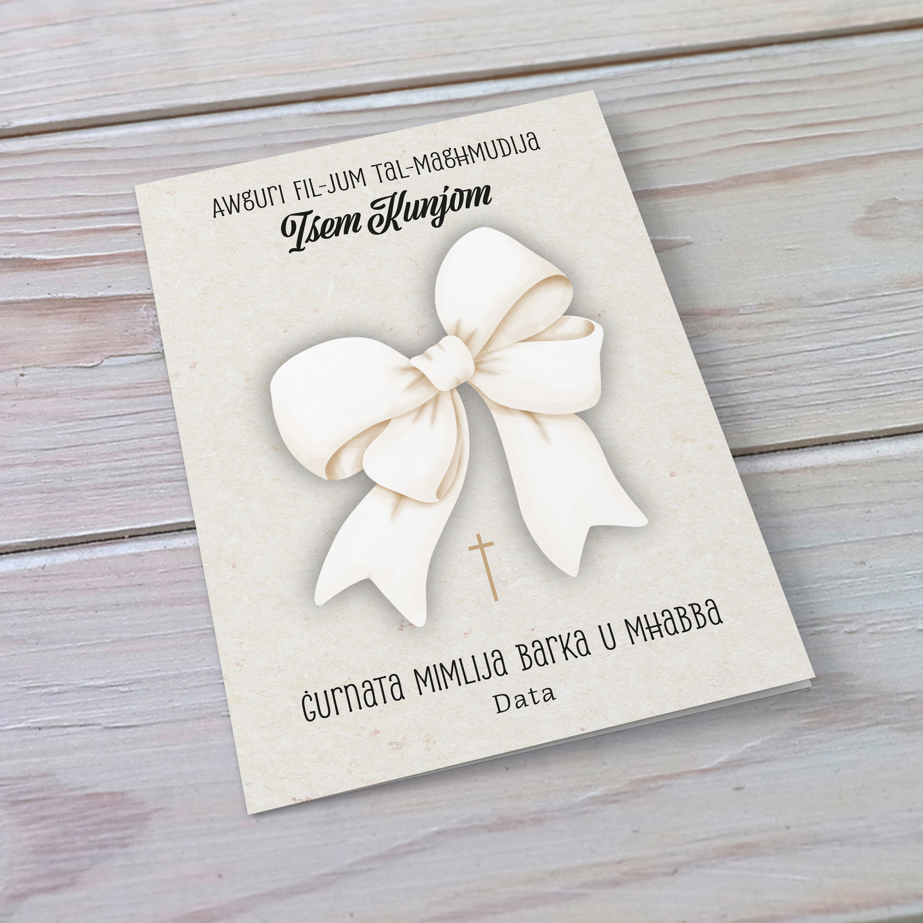 A cute big bow themed baptism card with small gold cross in Maltese (Personalisable)