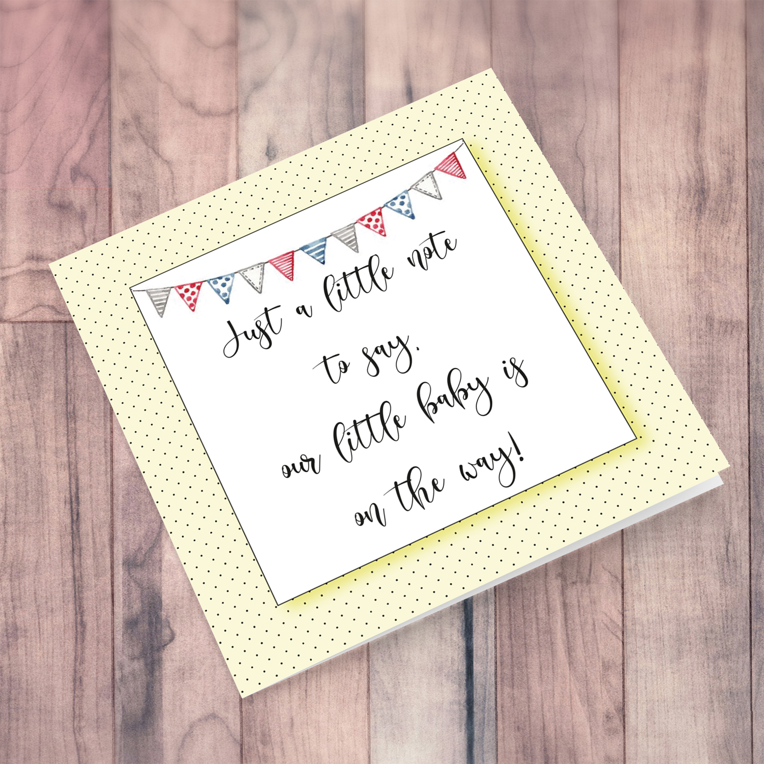 Yellow background card with tiny polka dots, and bunting baby/pregnancy announcement card in English 