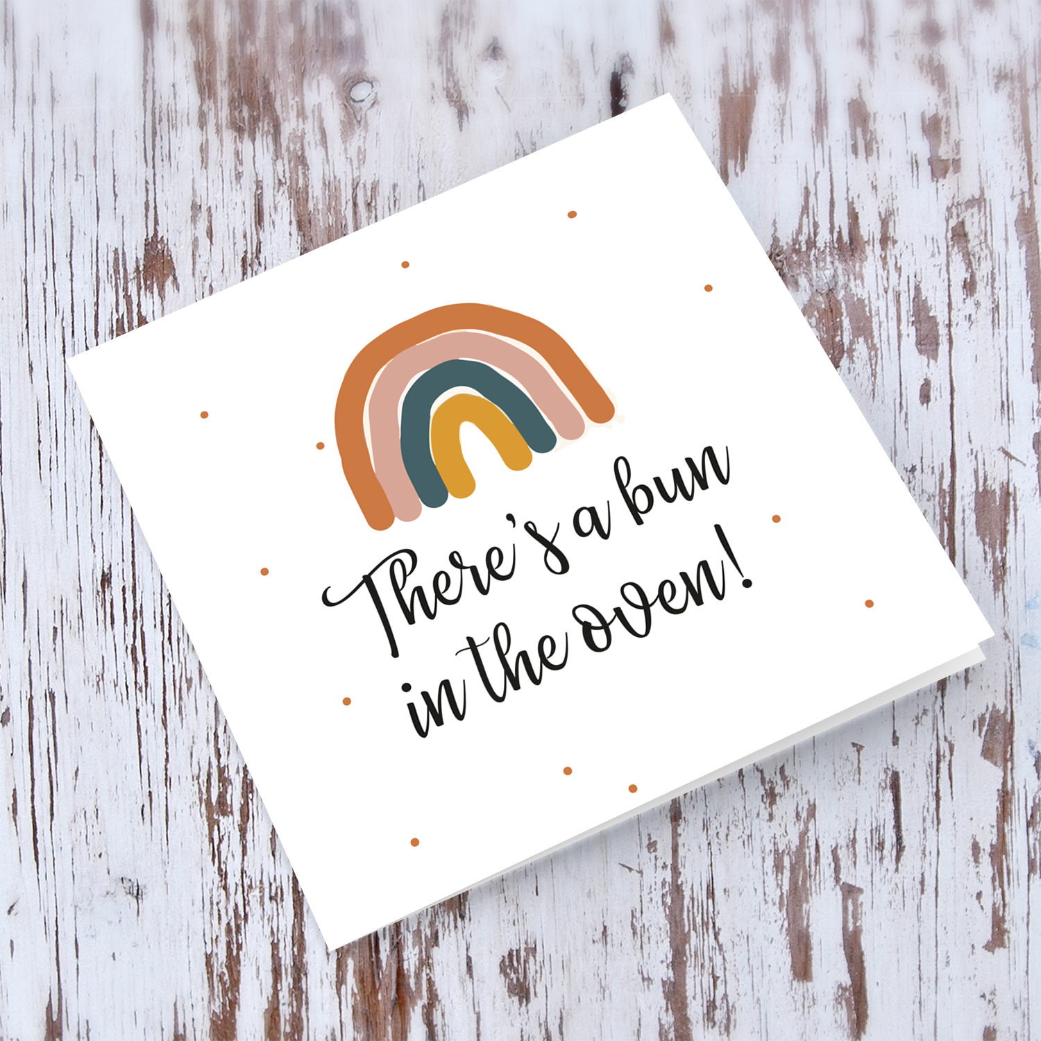 Rainbow themed pregnancy/baby announcement card in English 