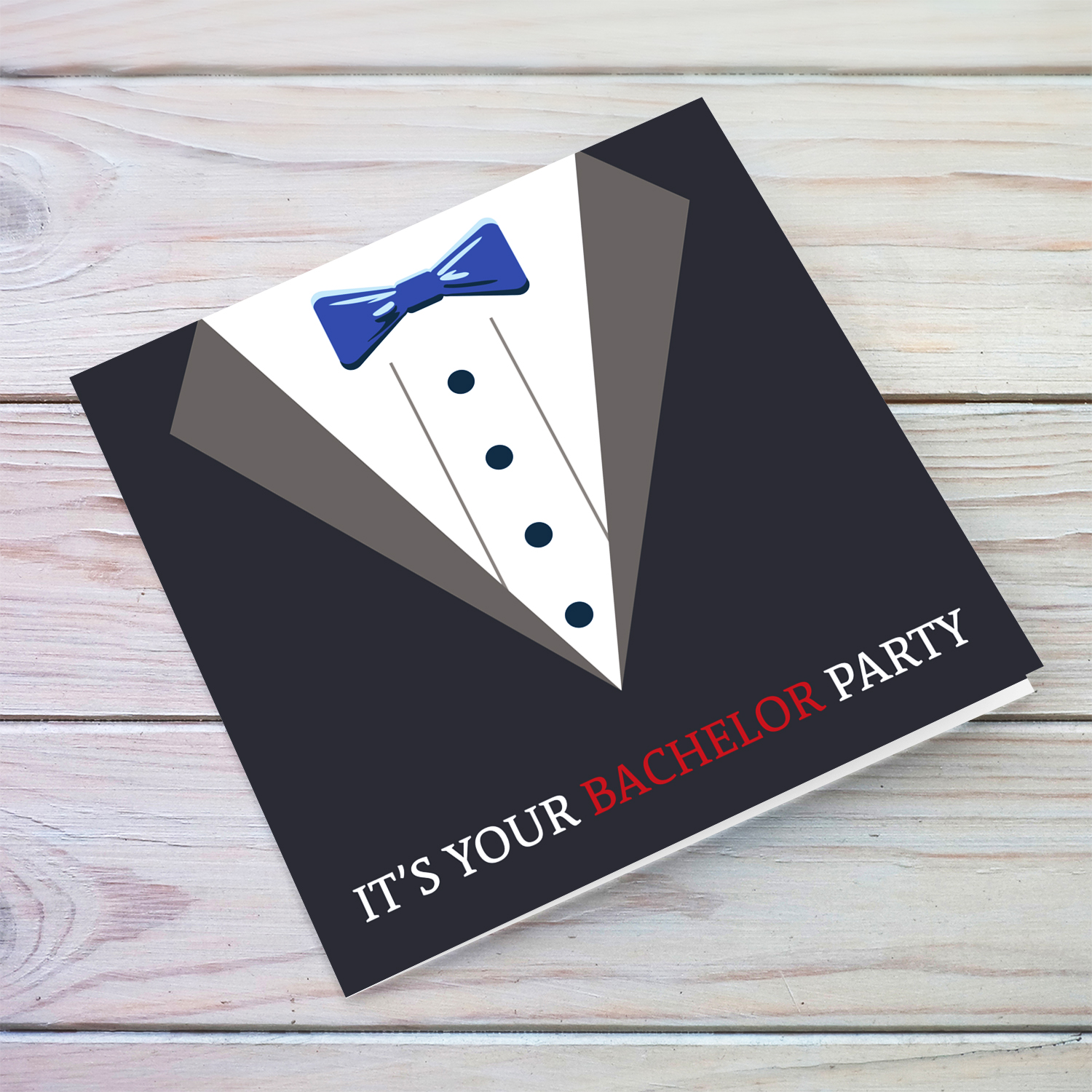 Suit themed bachelor party card in English