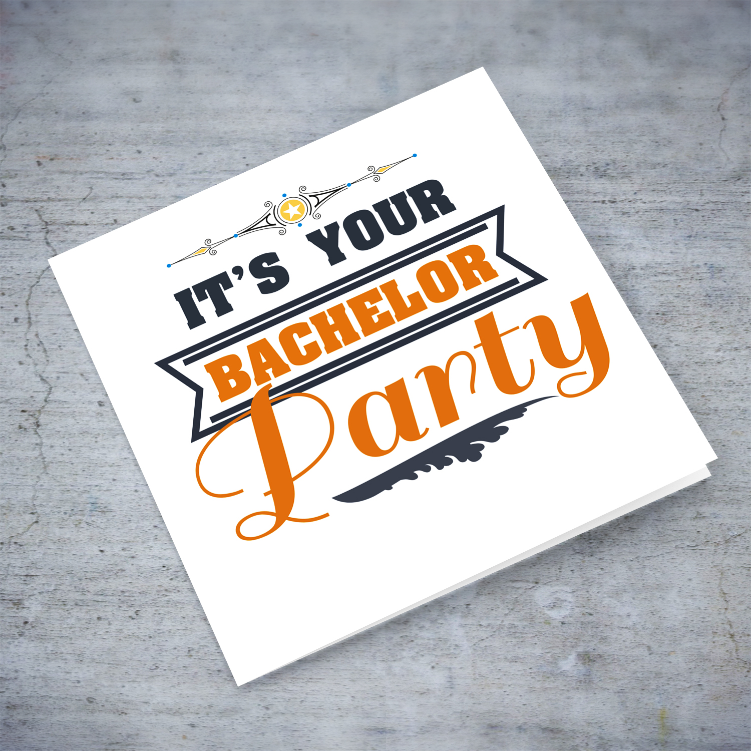 It's your bachelor Party card in dark blue and orange text in English