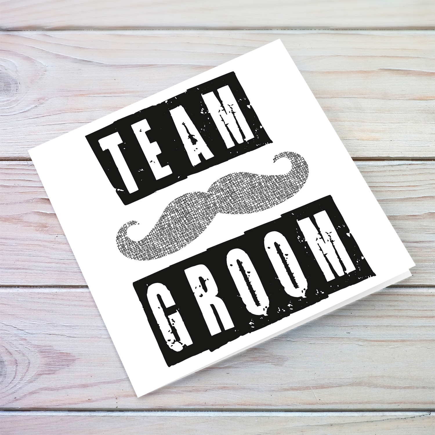 Team groom bachelor party card with moustache in English