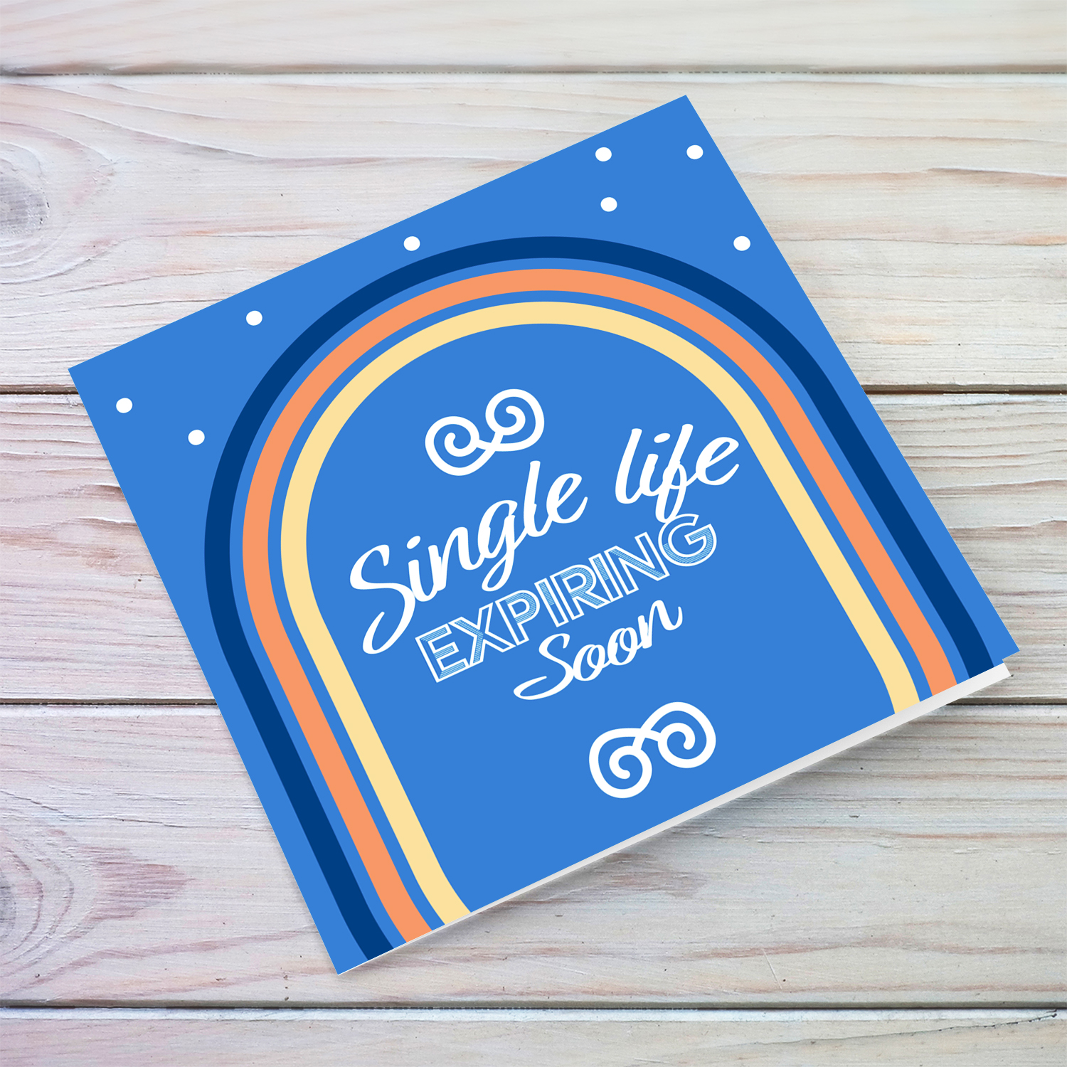 Shades of blue and orange bachelor party greeting card - Single life expiring soon in English