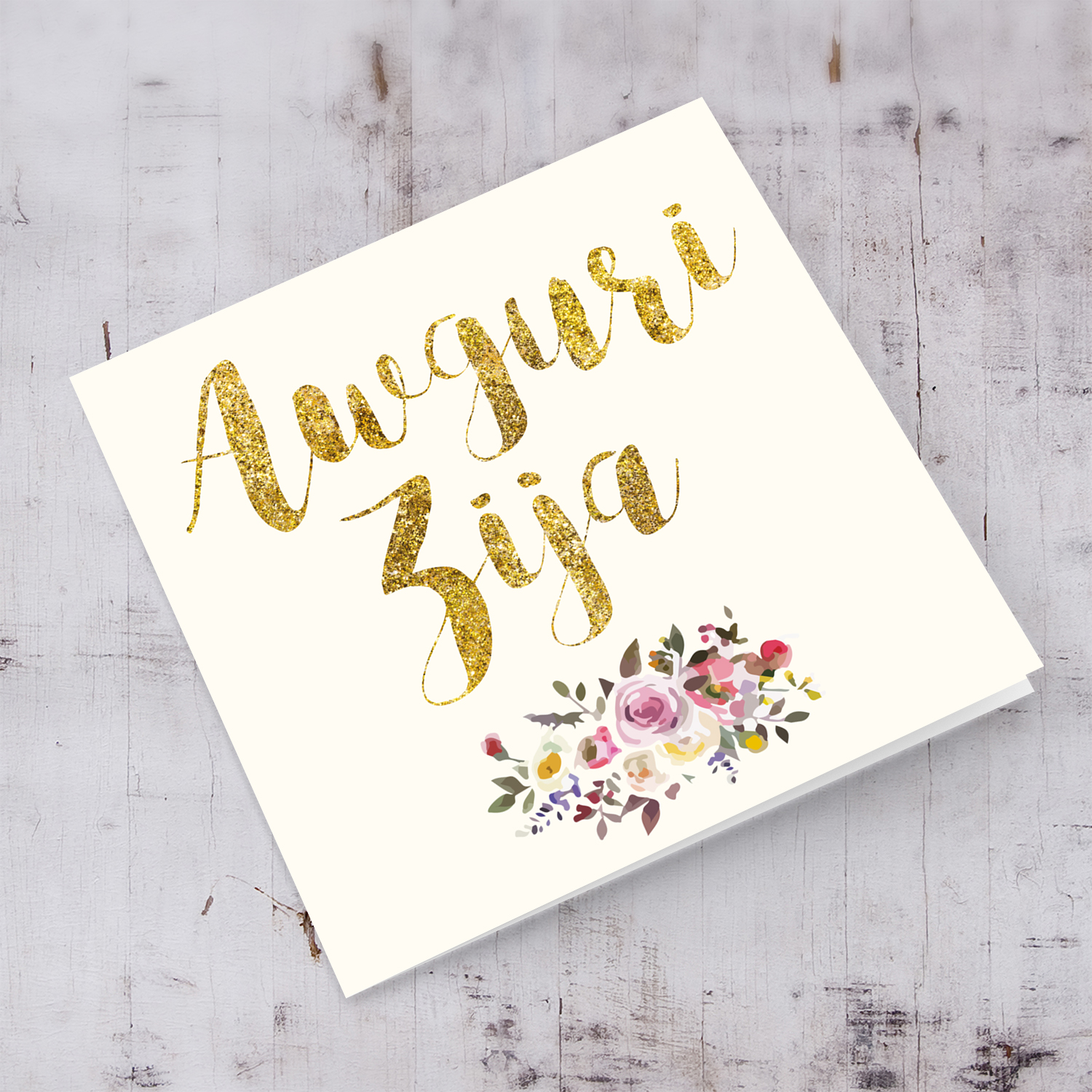 Golden glitter birthday card for aunty with flowers in Maltese