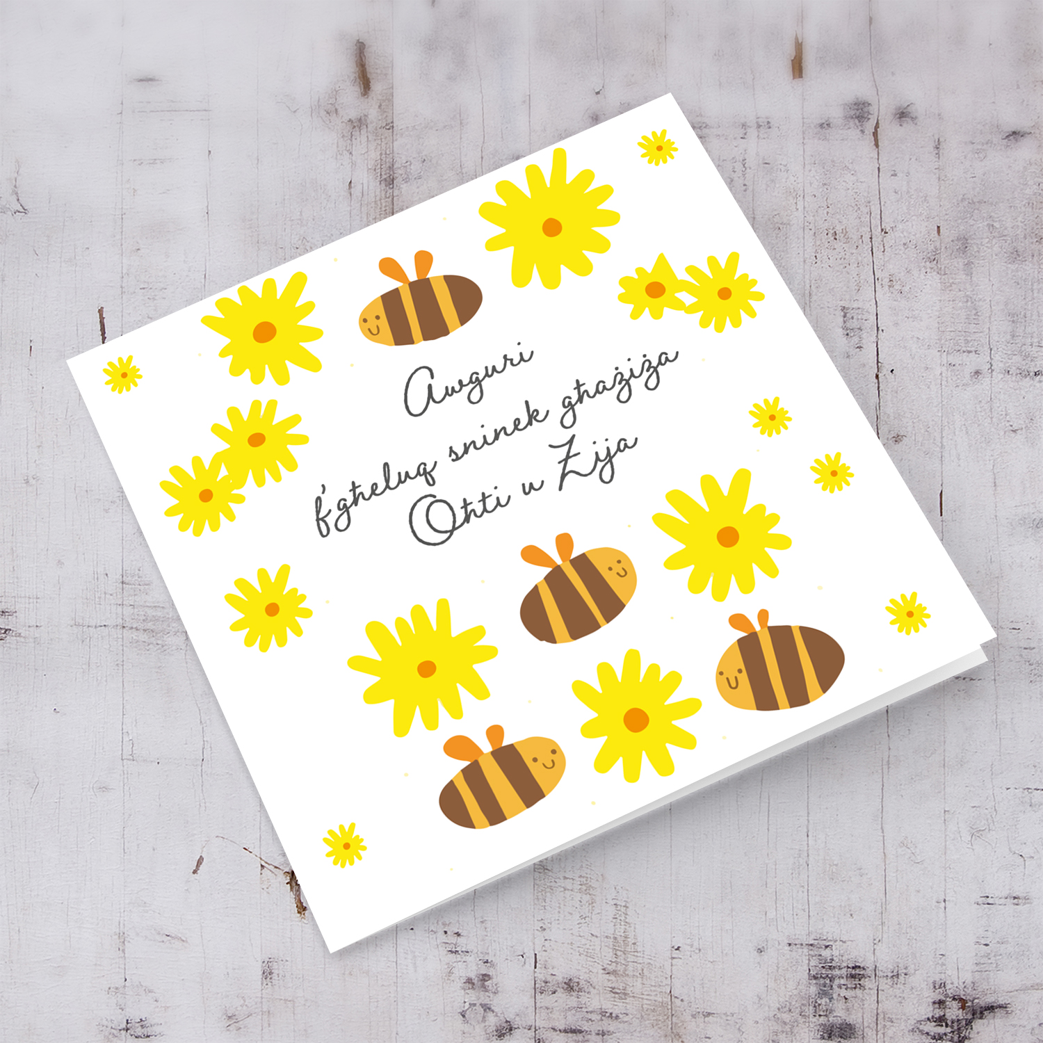 Cute bee themed birthday card for Sister & Aunty with yellow flowers in Maltese