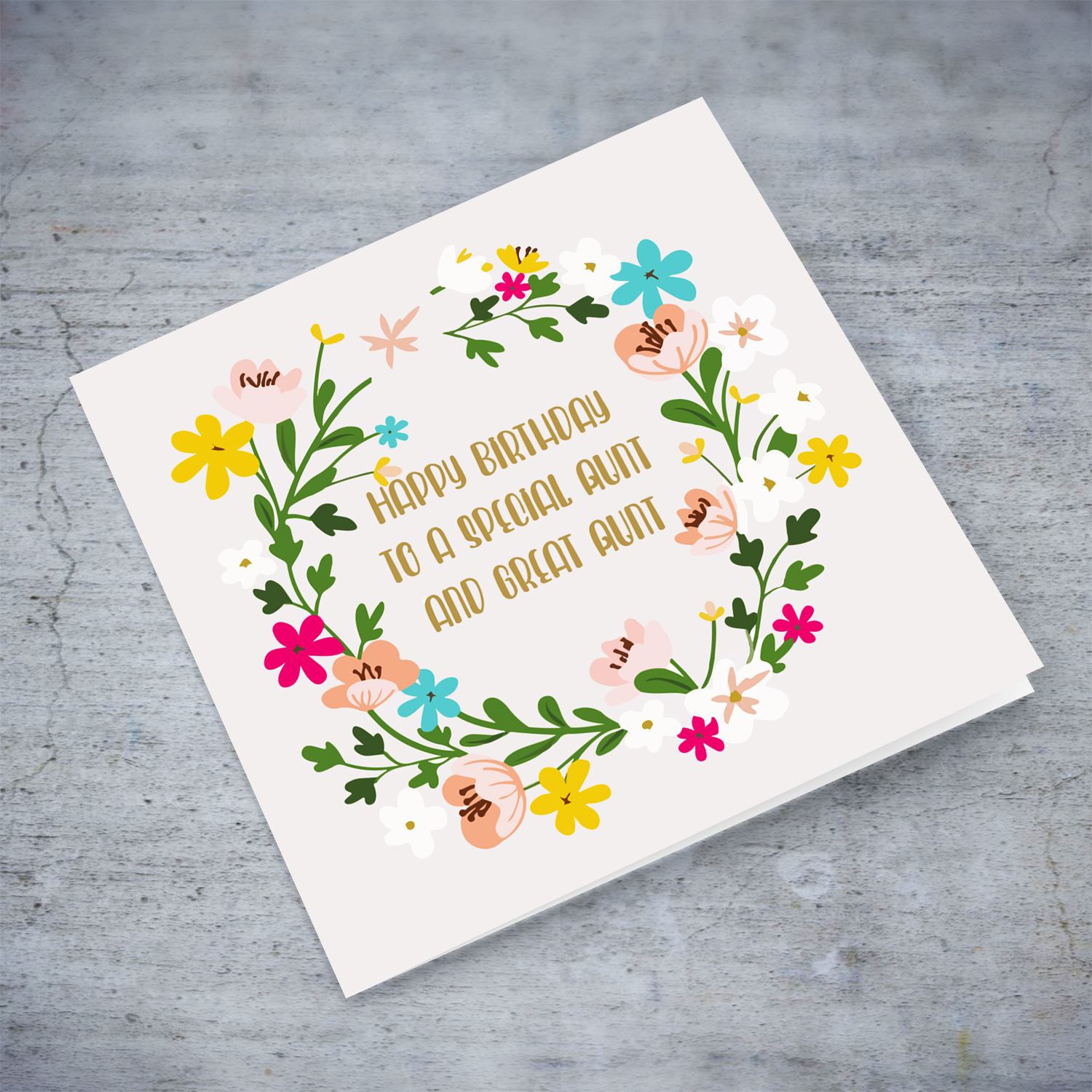 Colourful floral themed birthday card with light pink background for a special aunt and great aunt in English