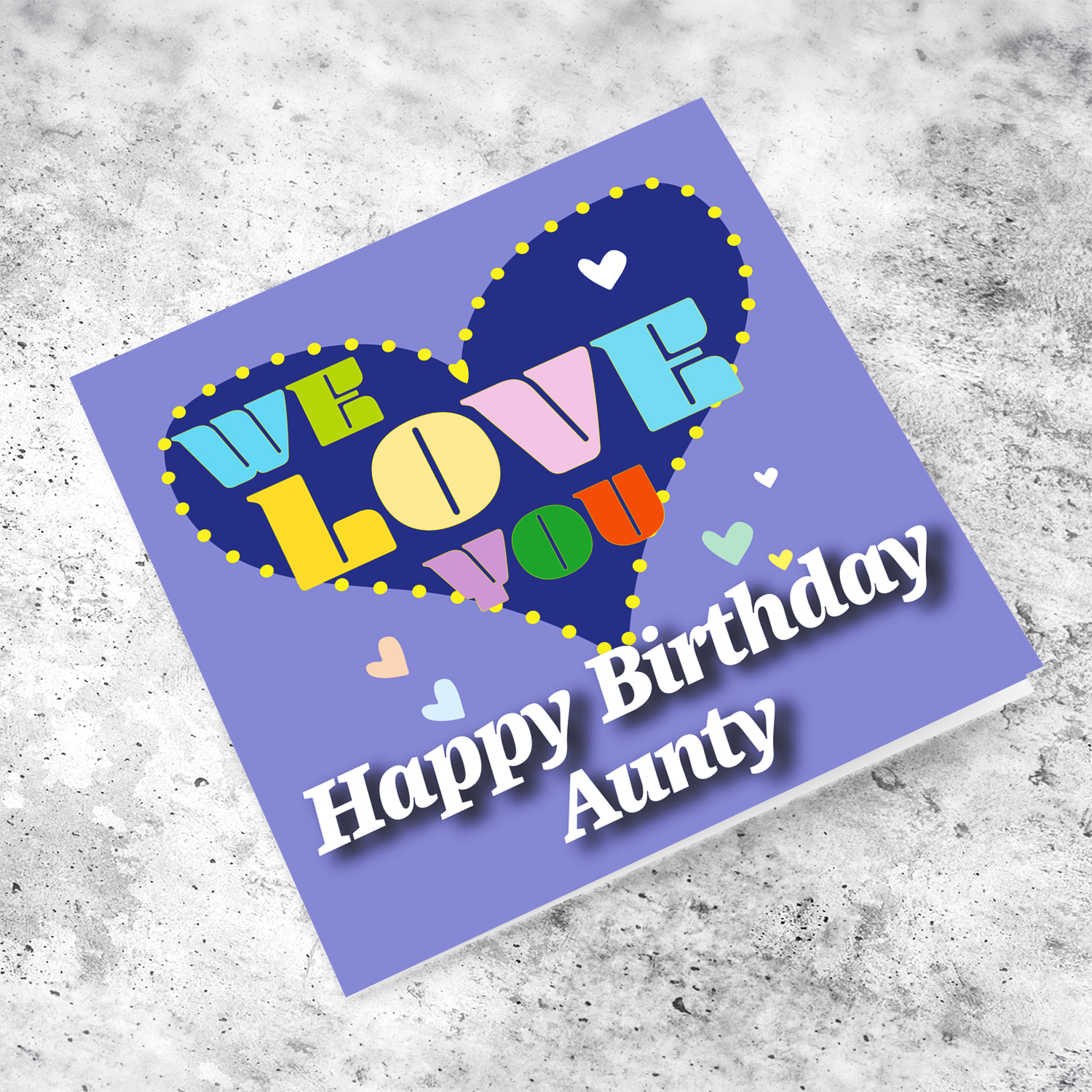 Purple background birthday card with big blue heart for Aunty, with a big WE LOVE YOU and scattered hearts in English