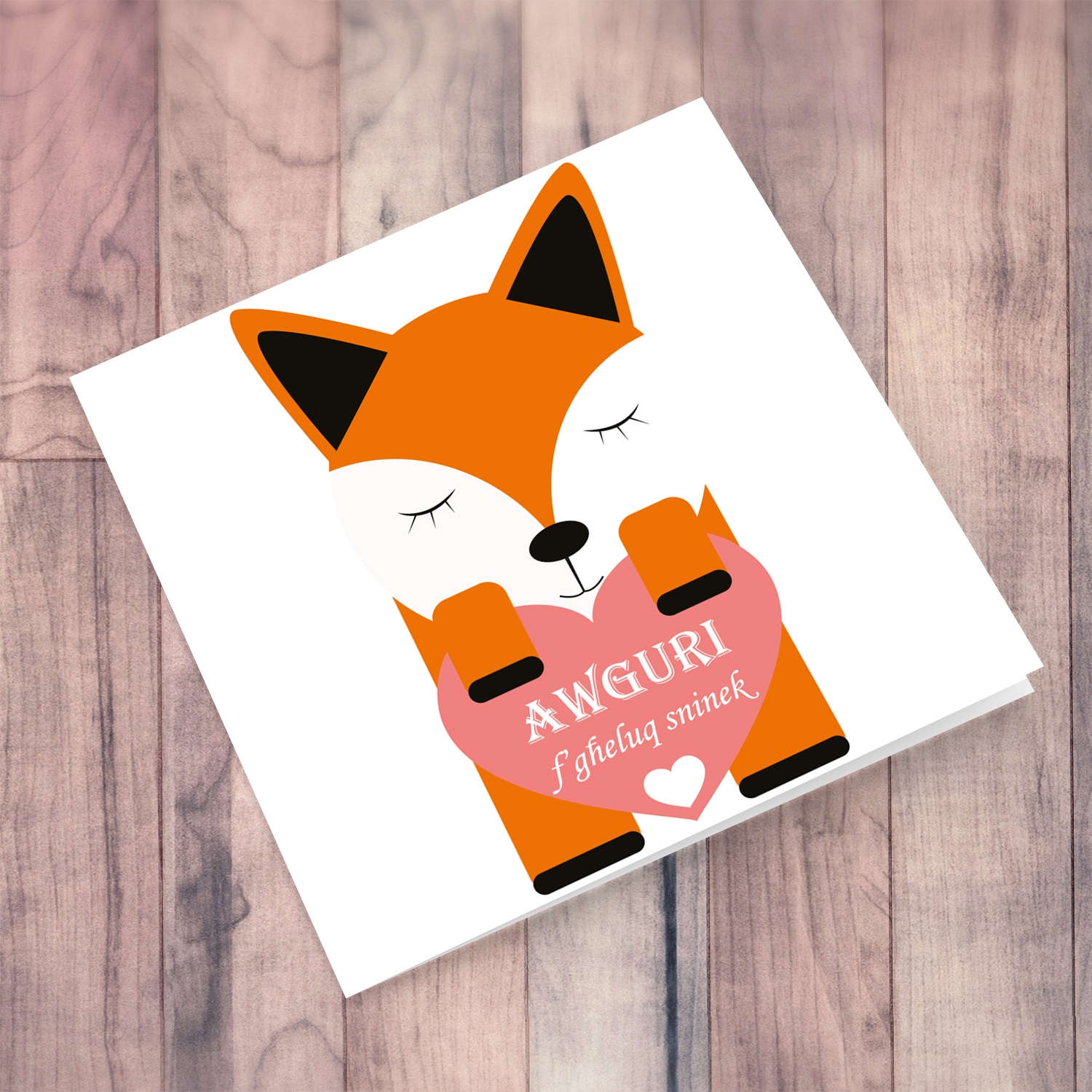 Fox themed birthday card holding heart in Maltese 
