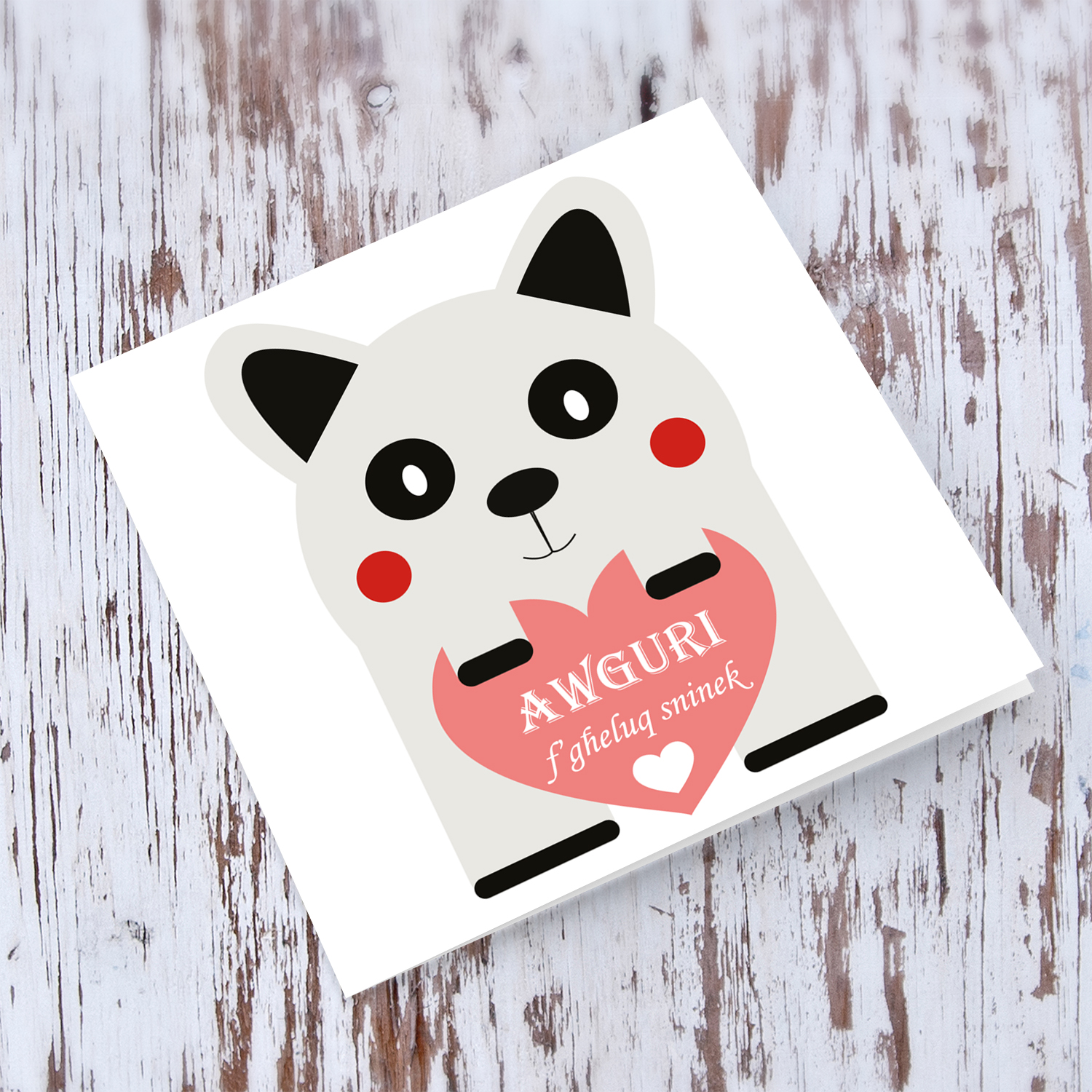 Panda holding heart birthday card in Maltese